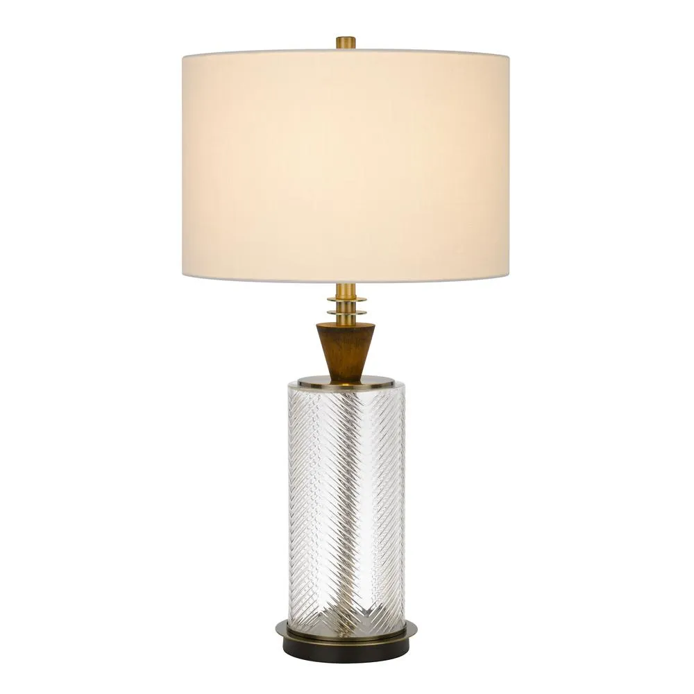 150W 3 Way Sherwood Glass Table Lamp With Wood Font And Hardback Fabric Drum Shade, Glass/Dark Bronze By Cal Lighting