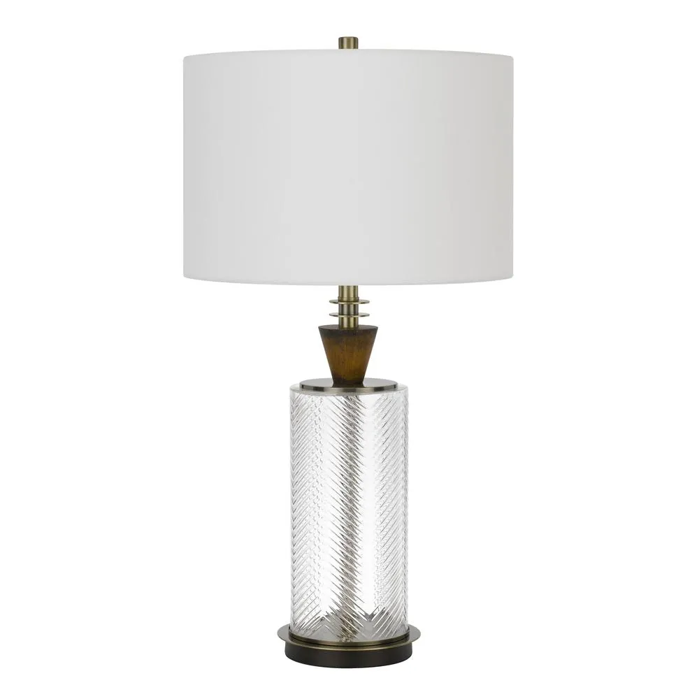 150W 3 Way Sherwood Glass Table Lamp With Wood Font And Hardback Fabric Drum Shade, Glass/Dark Bronze By Cal Lighting