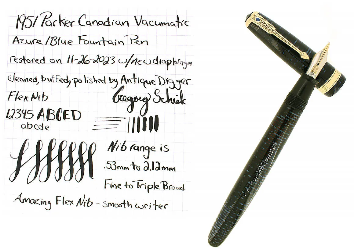 1951 PARKER AZURE PEARL VACUMATIC FOUNTAIN PEN F-BBB 2.12MM FLEX NIB RESTORED