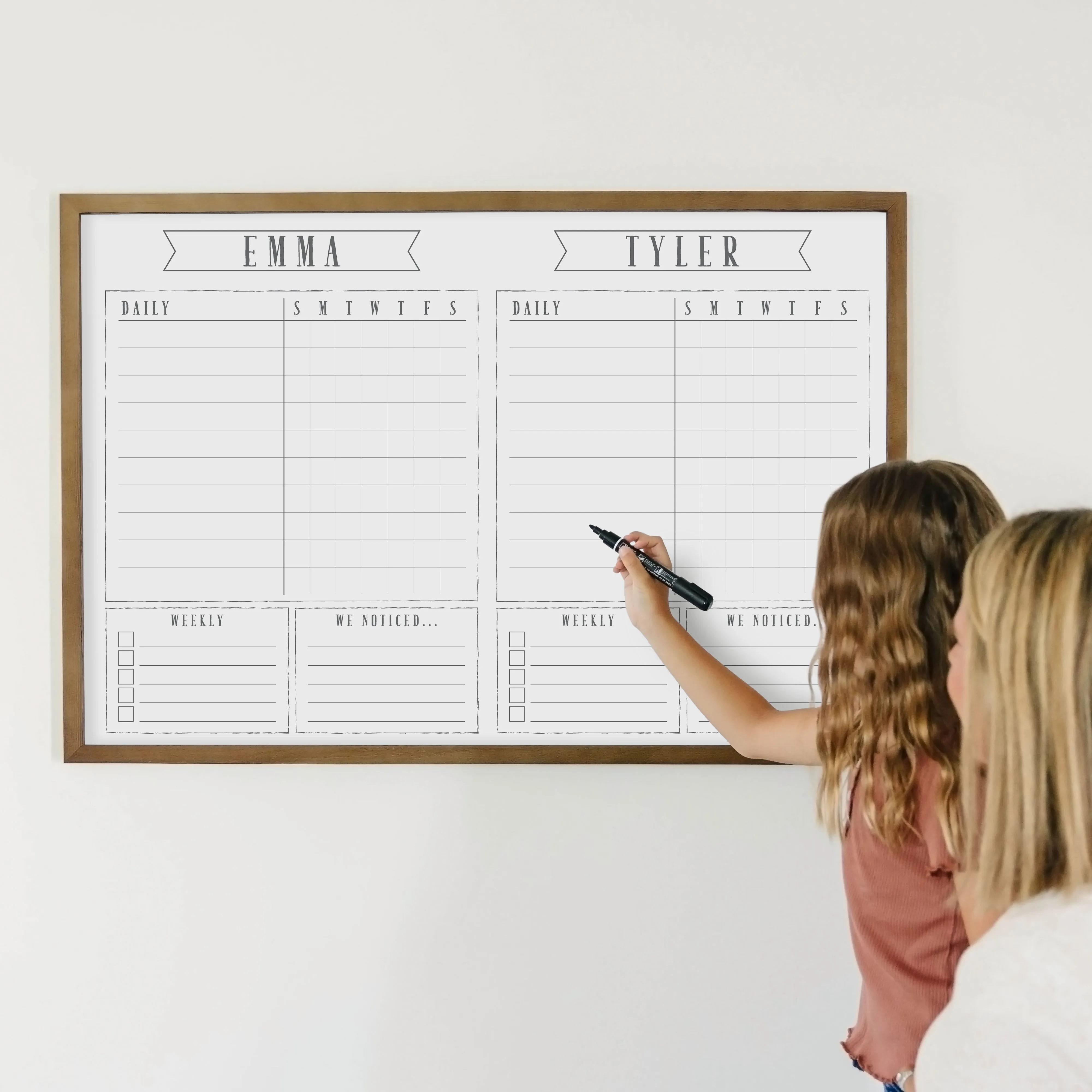 2 Person Framed Whiteboard Chore Chart  | Horizontal Swanson