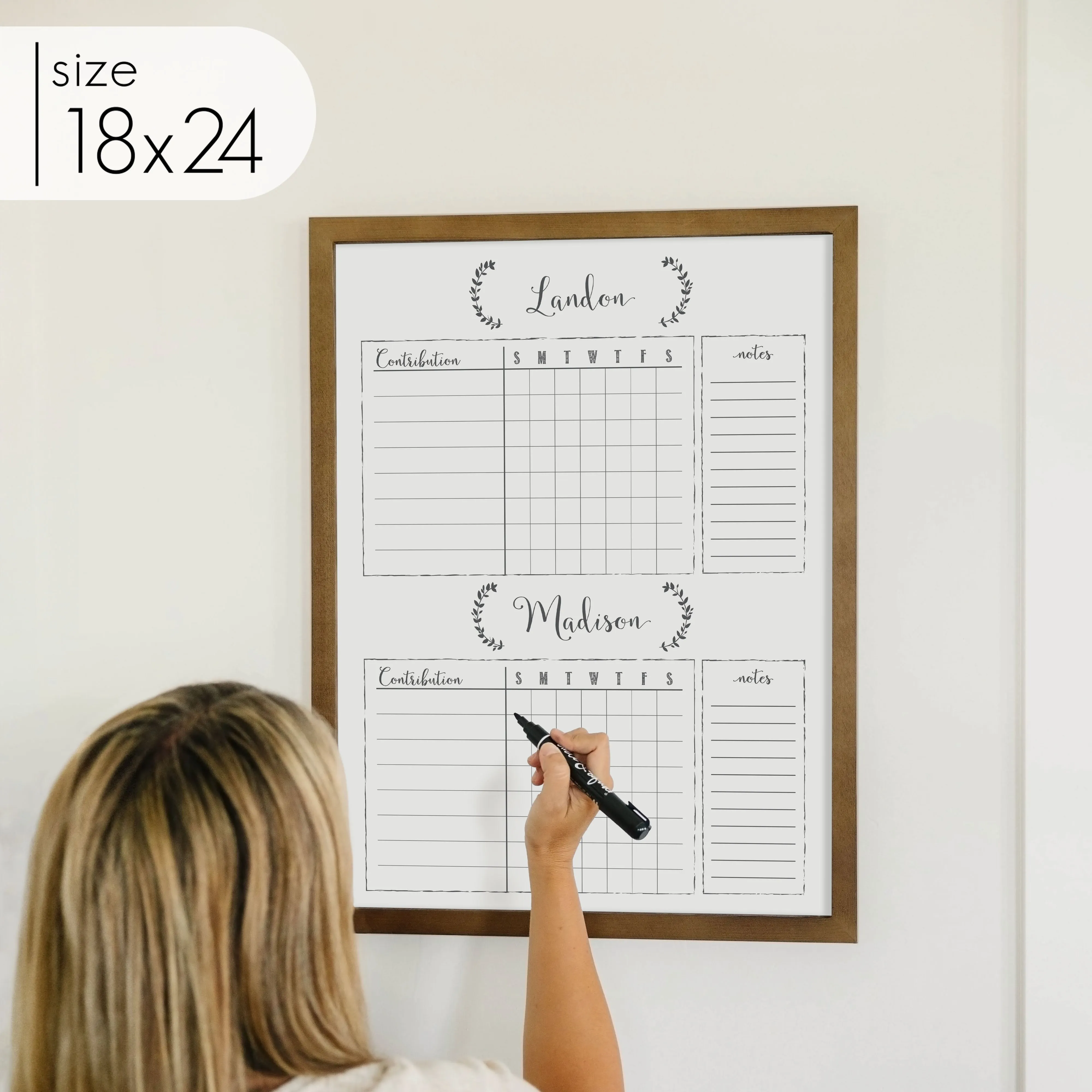 2 Person Framed Whiteboard Chore Chart  | Vertical Eagleton