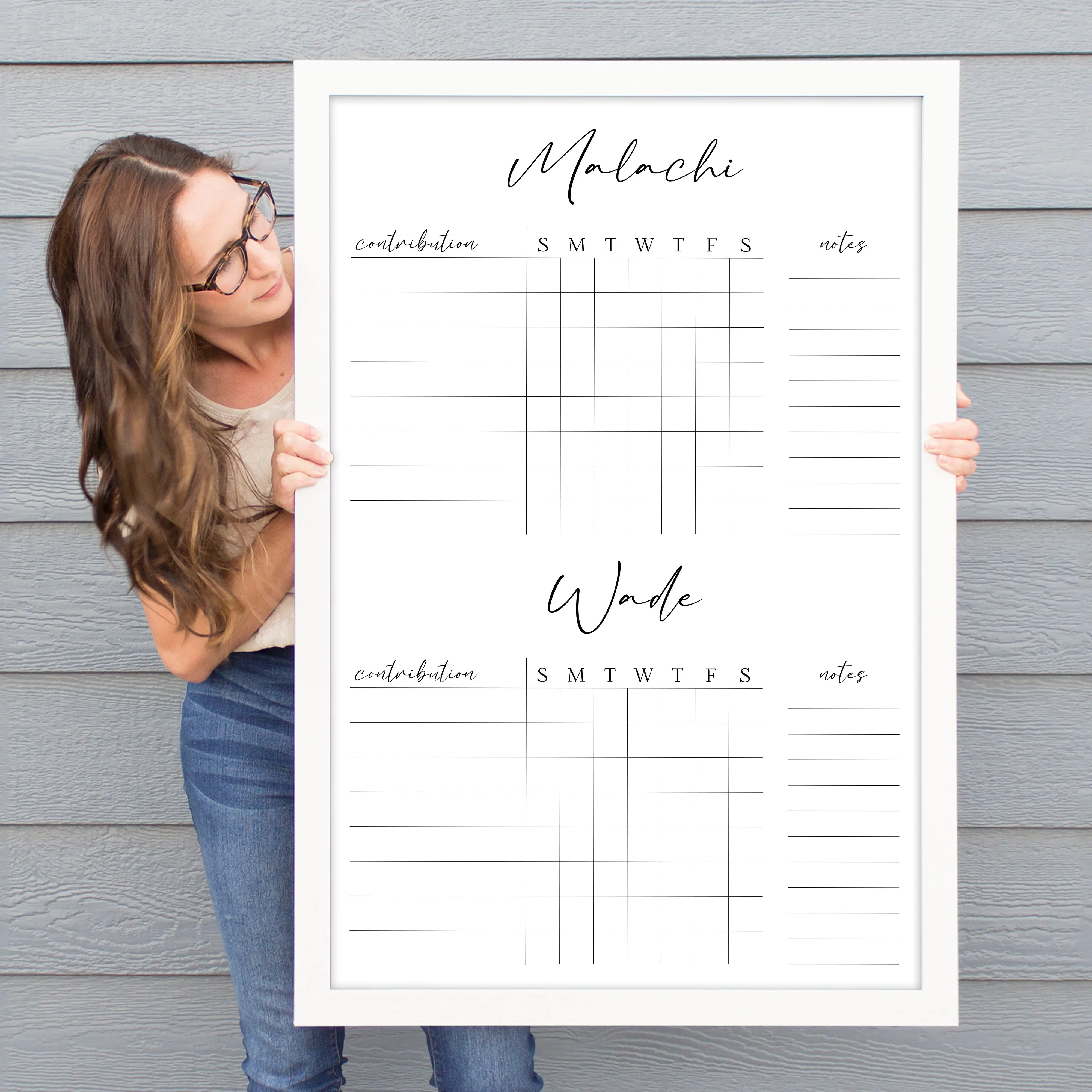 2 Person Framed Whiteboard Chore Chart  | Vertical Pennington