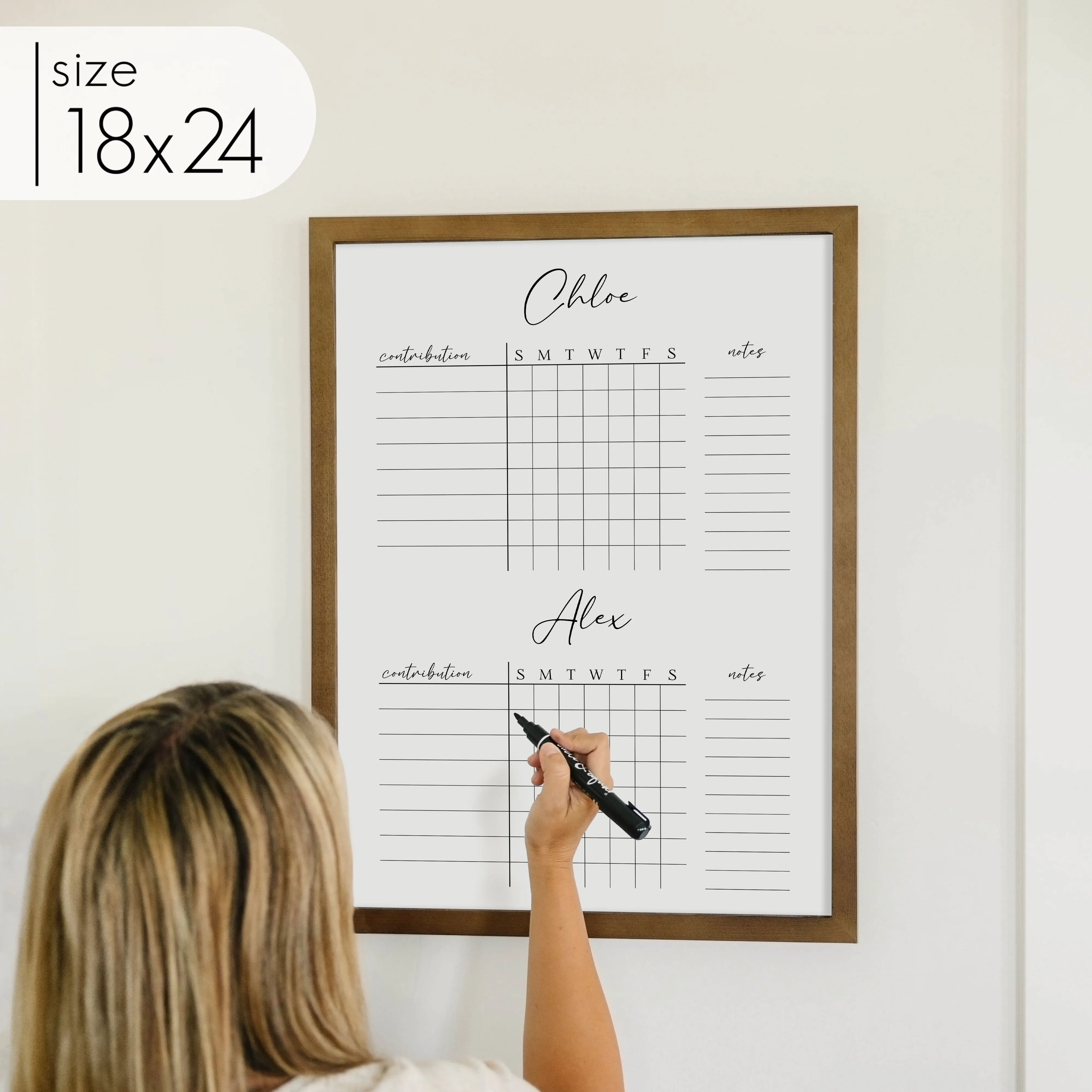 2 Person Framed Whiteboard Chore Chart  | Vertical Pennington