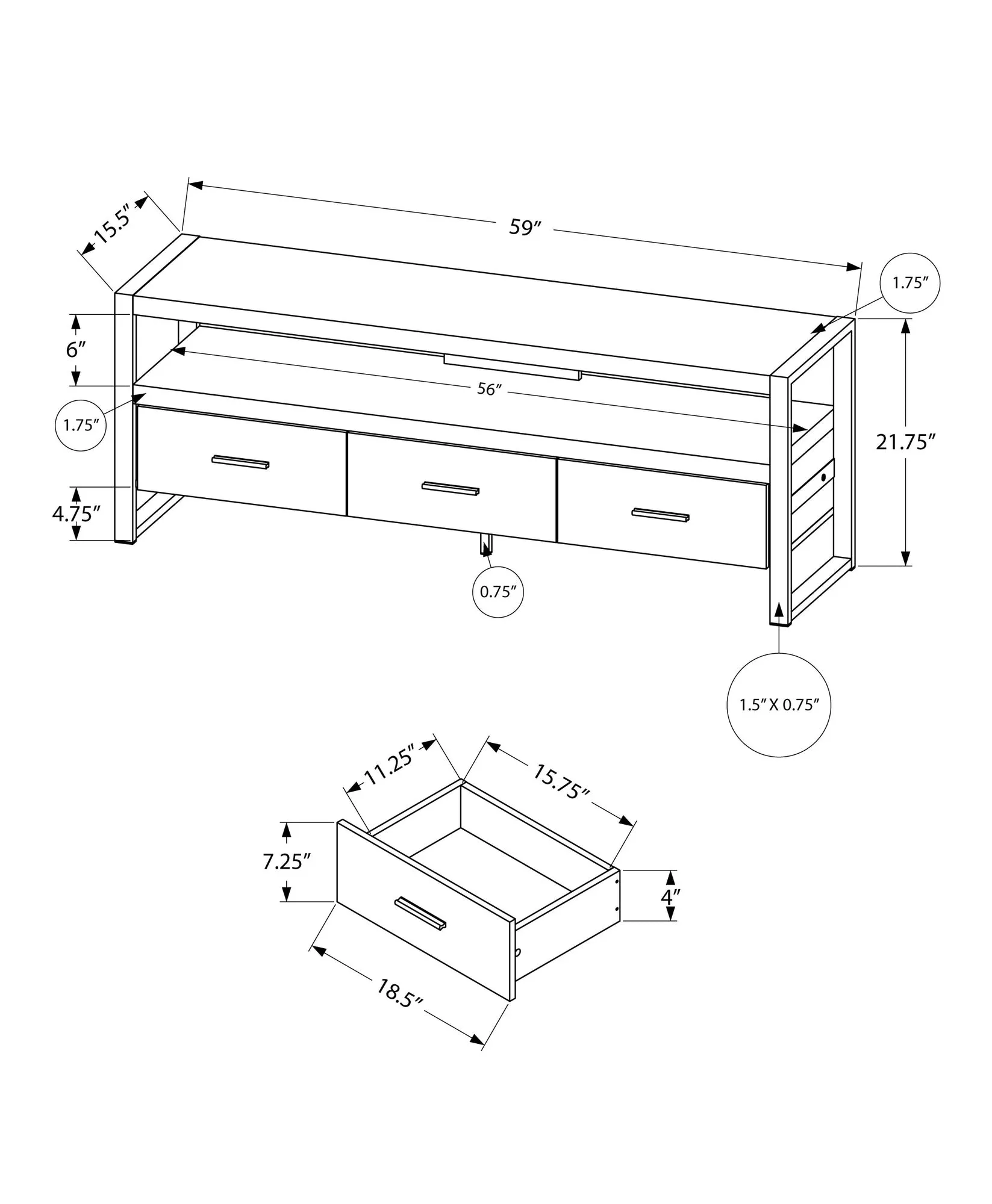 21.75" Particle Board Hollow Core & Black Metal TV Stand with 3 Drawers By Homeroots