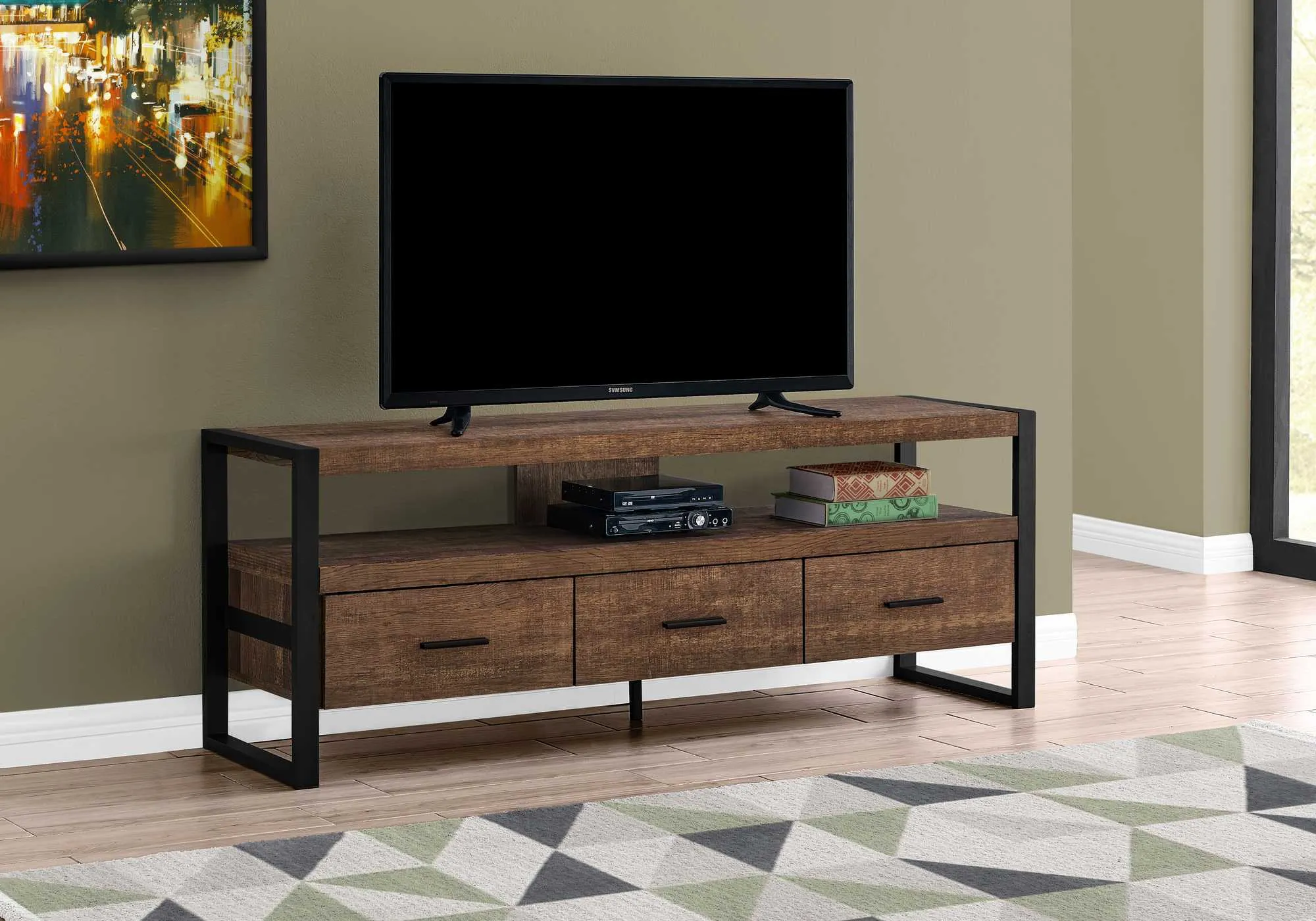 21.75" Particle Board Hollow Core & Black Metal TV Stand with 3 Drawers By Homeroots