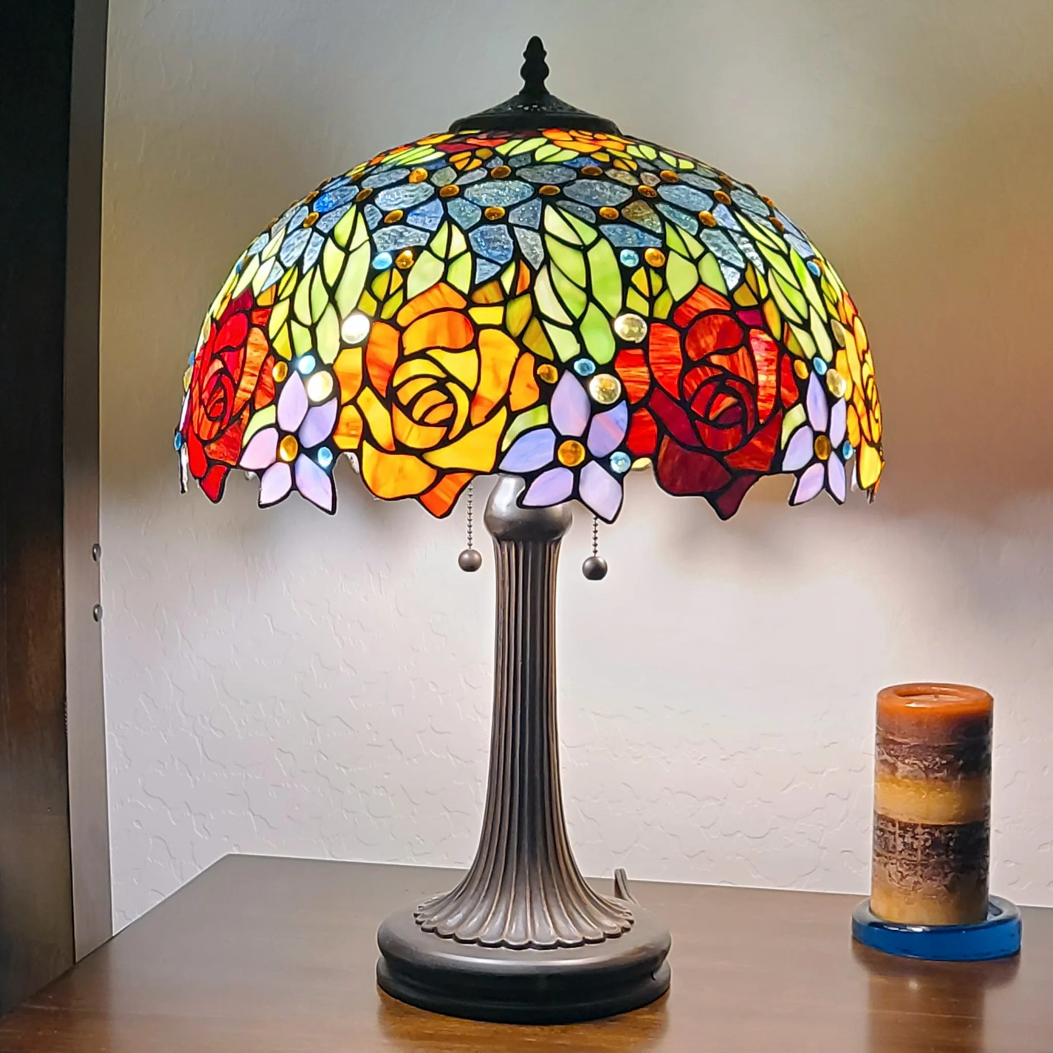 23" Stained Glass Two Light Jeweled Flowery Accent Table Lamp By Homeroots