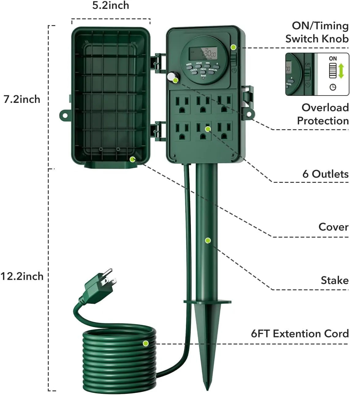 7 Day Heavy Duty Outdoor Digital Stake Timer, 6 Outlets, Weatherproof, Perfect for Outdoor Lights, Sprinklers, Christmas Lights