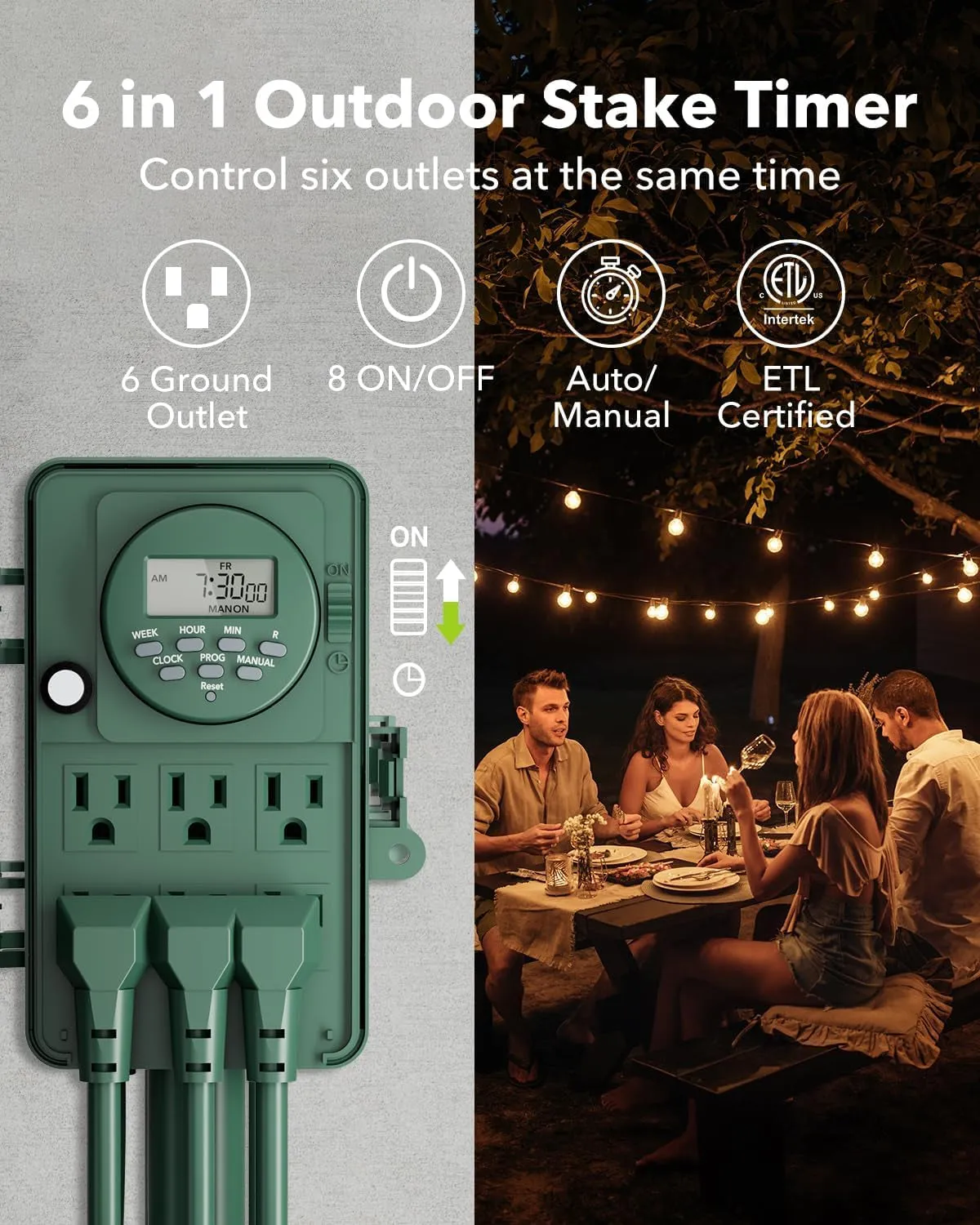 7 Day Heavy Duty Outdoor Digital Stake Timer, 6 Outlets, Weatherproof, Perfect for Outdoor Lights, Sprinklers, Christmas Lights