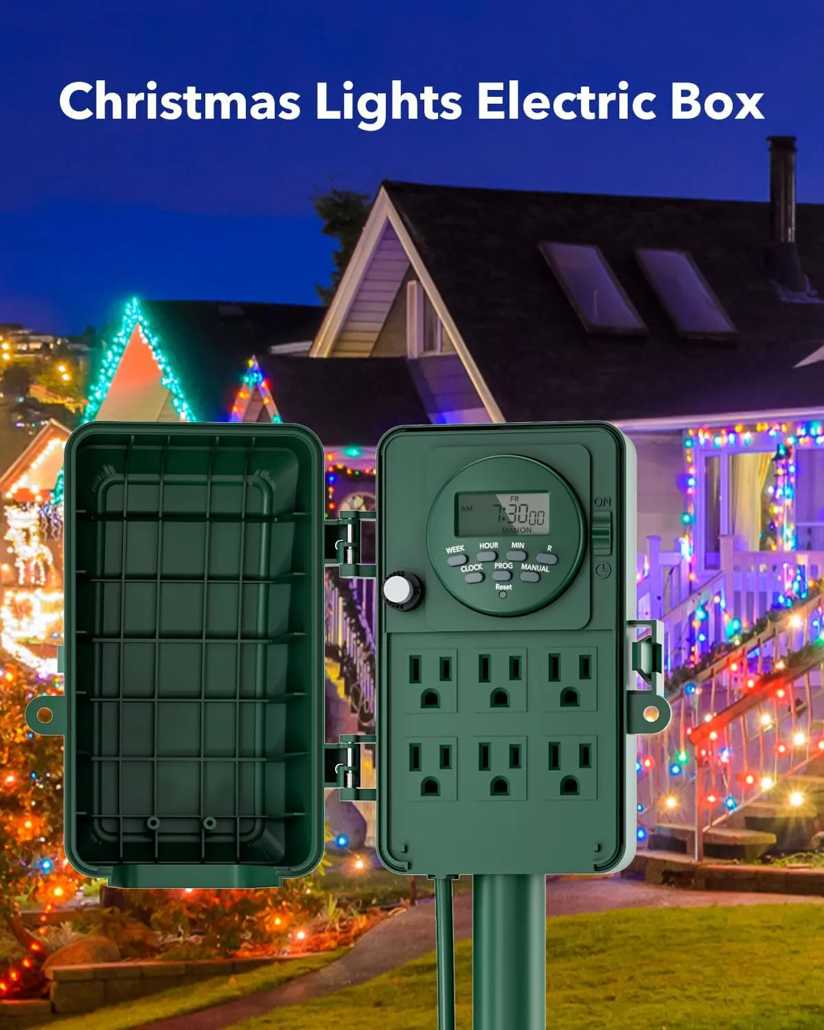 7 Day Heavy Duty Outdoor Digital Stake Timer, 6 Outlets, Weatherproof, Perfect for Outdoor Lights, Sprinklers, Christmas Lights