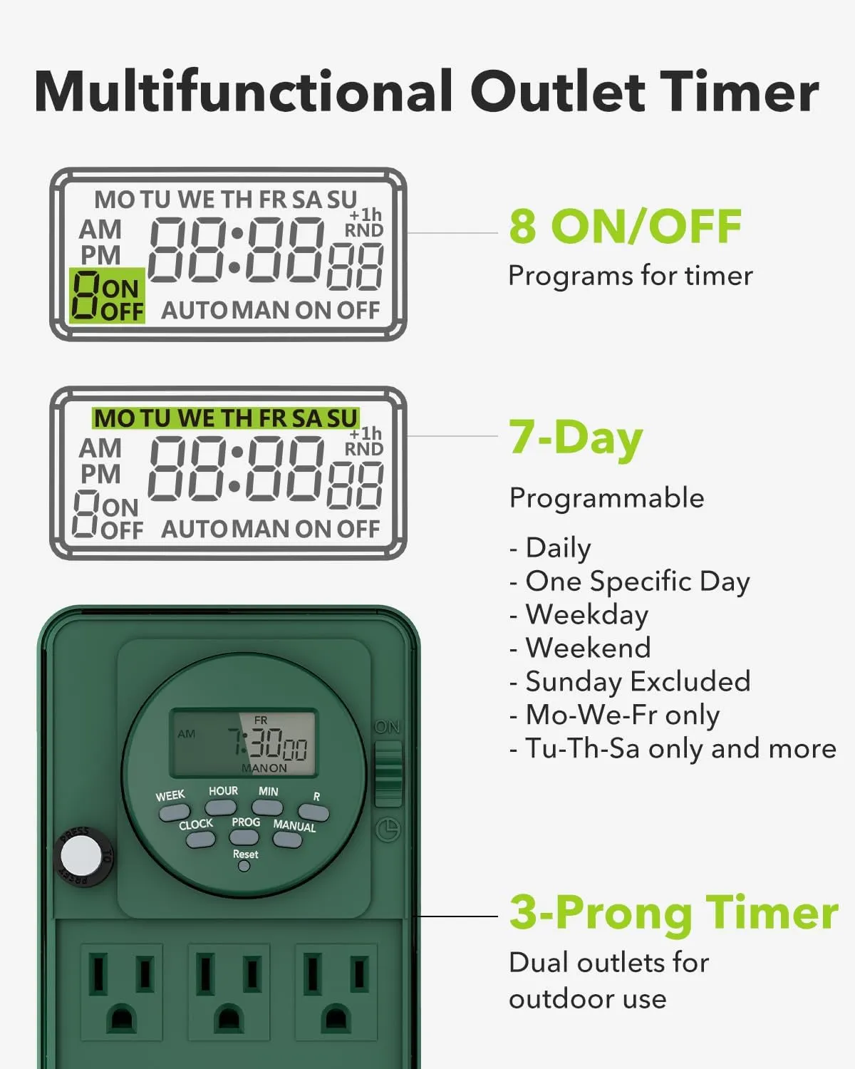 7 Day Heavy Duty Outdoor Digital Stake Timer, 6 Outlets, Weatherproof, Perfect for Outdoor Lights, Sprinklers, Christmas Lights