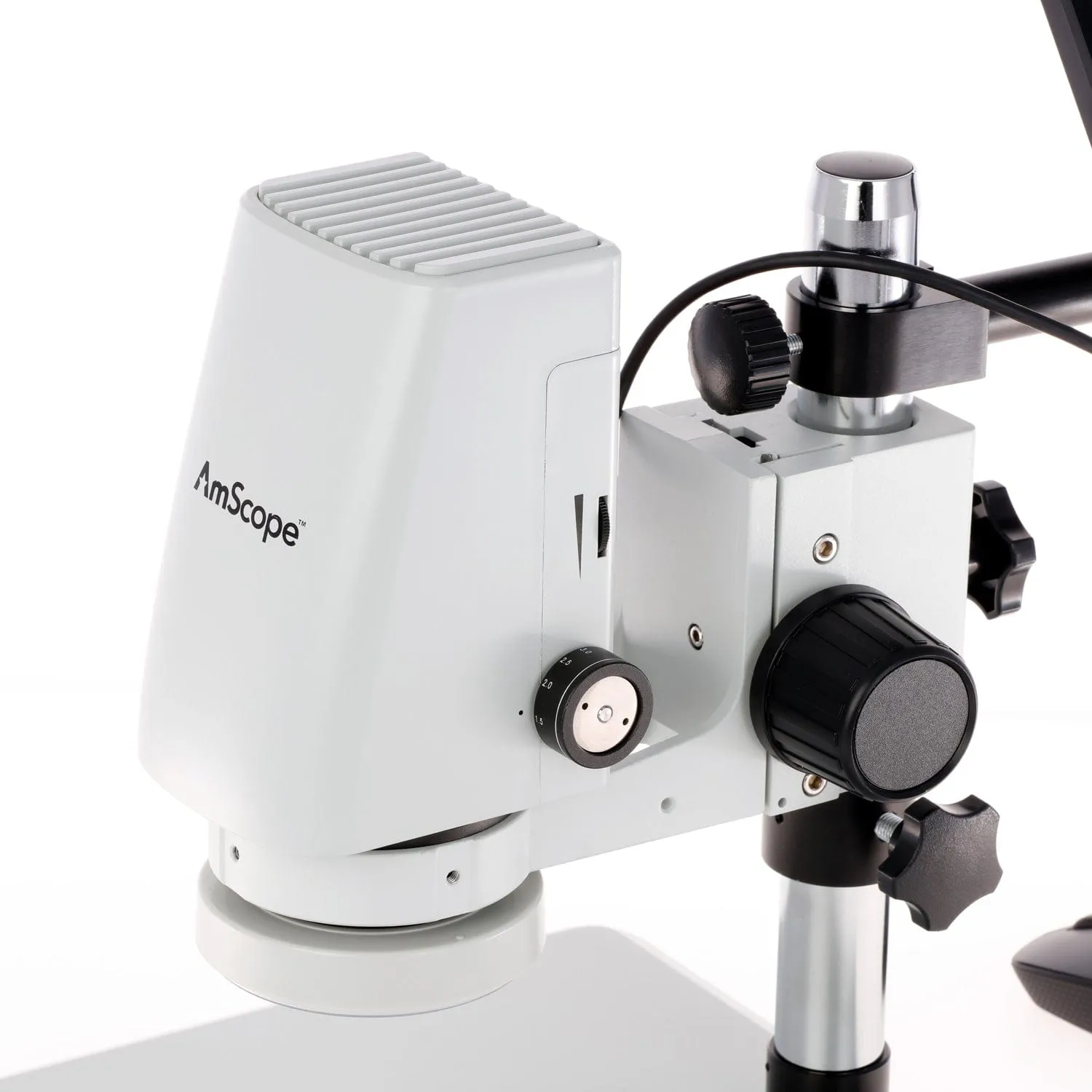 AmScope DM750 Series Zoom Tabletop Video Inspection Digital Microscope System 0.7X-5X Magnification on Pillar Stand with 11.6" Monitor