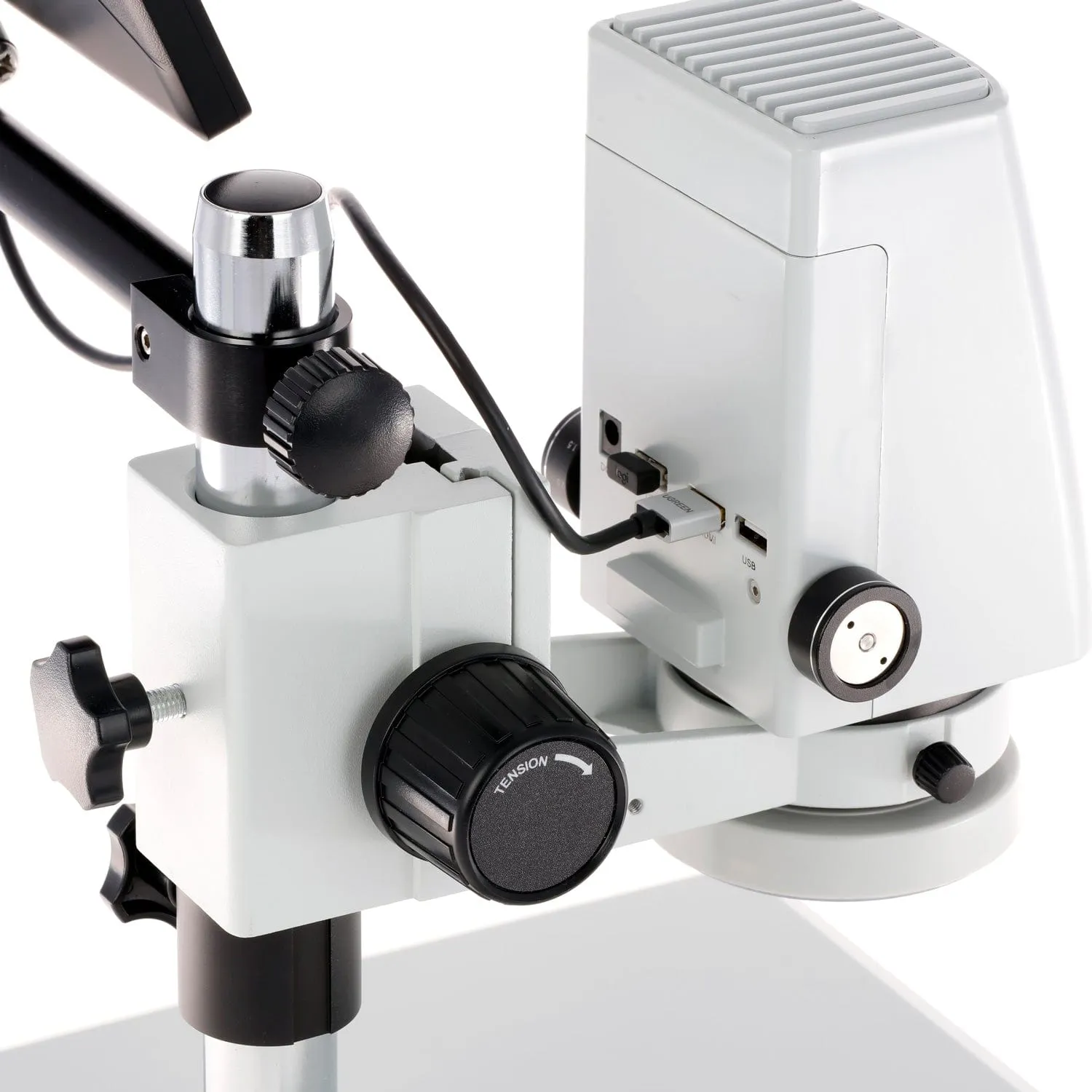 AmScope DM750 Series Zoom Tabletop Video Inspection Digital Microscope System 0.7X-5X Magnification on Pillar Stand with 11.6" Monitor