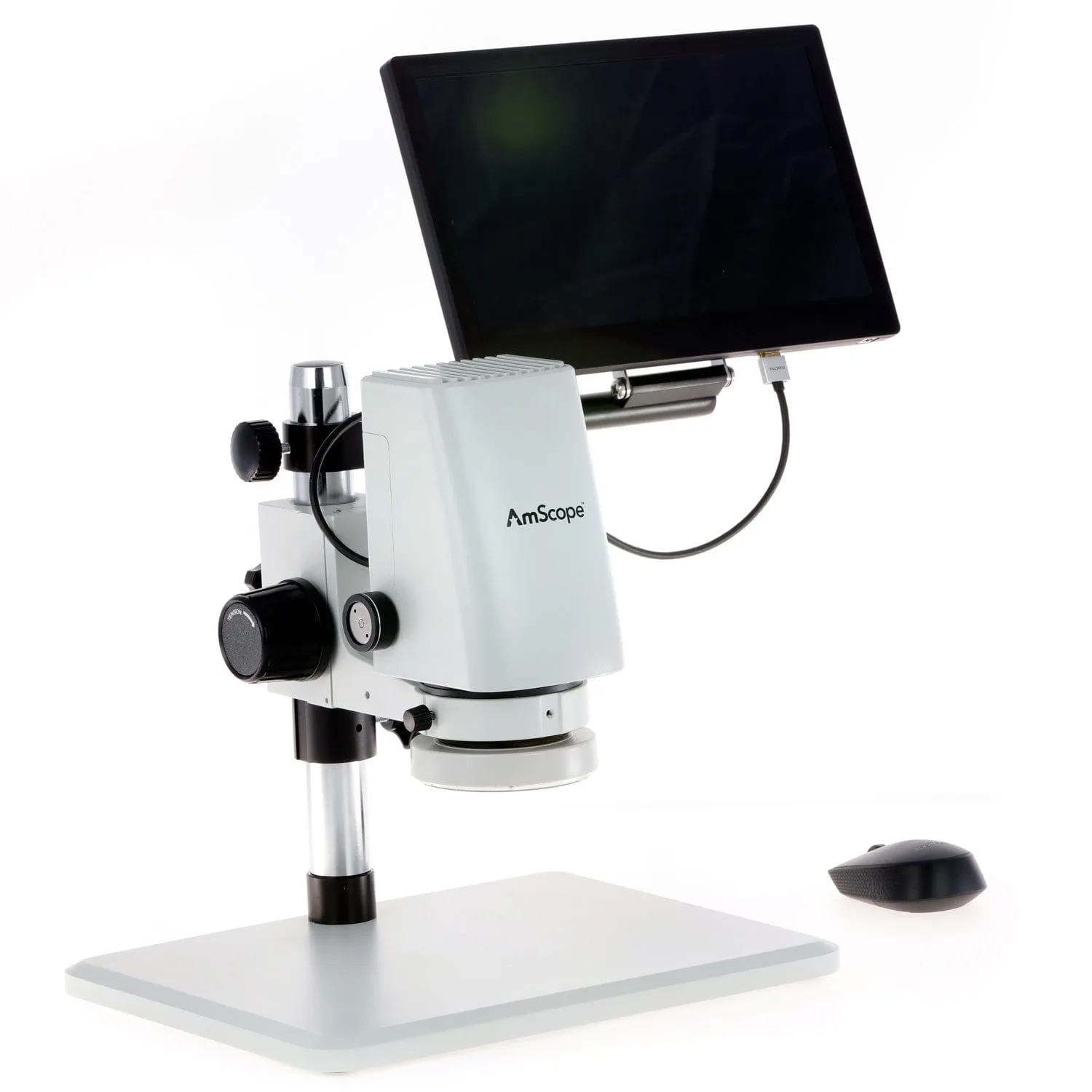 AmScope DM750 Series Zoom Tabletop Video Inspection Digital Microscope System 0.7X-5X Magnification on Pillar Stand with 11.6" Monitor