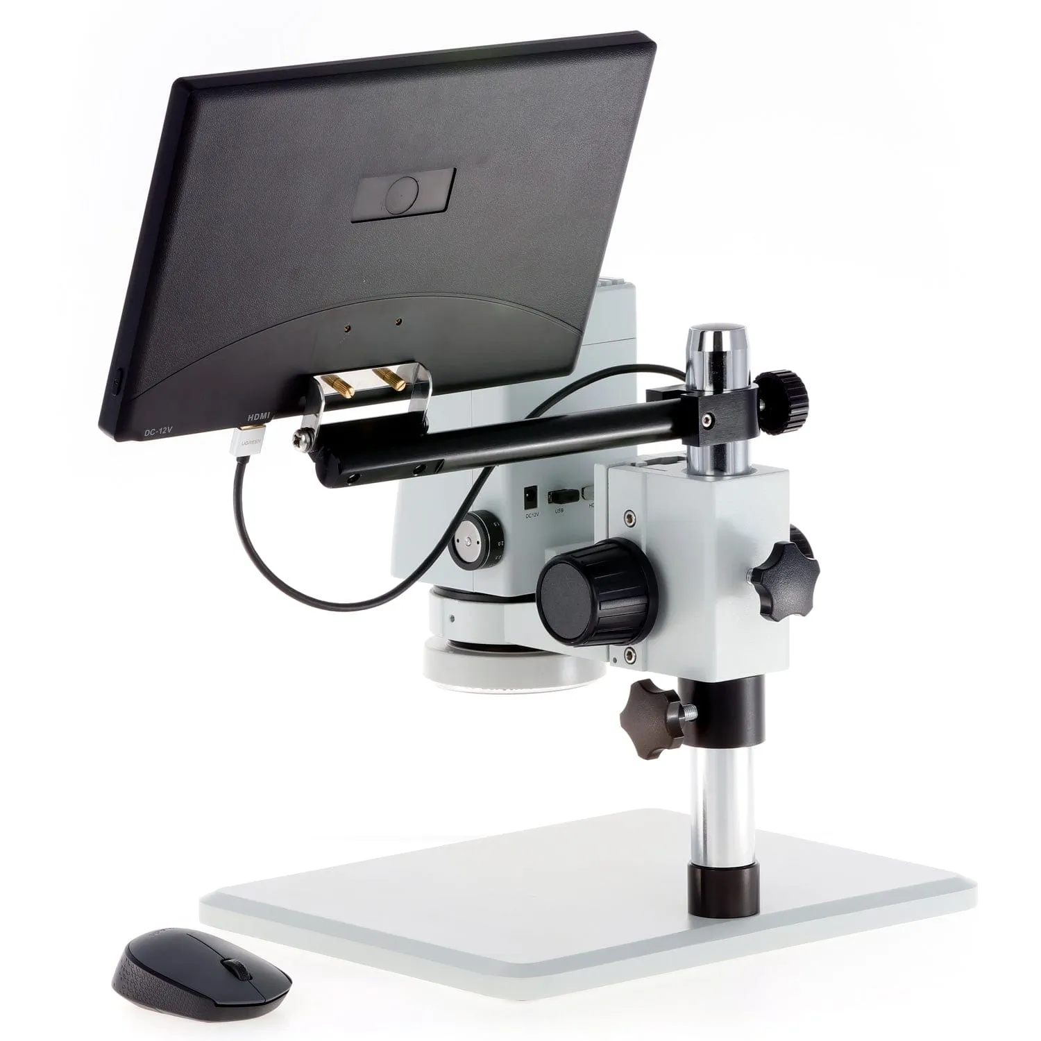 AmScope DM750 Series Zoom Tabletop Video Inspection Digital Microscope System 0.7X-5X Magnification on Pillar Stand with 11.6" Monitor