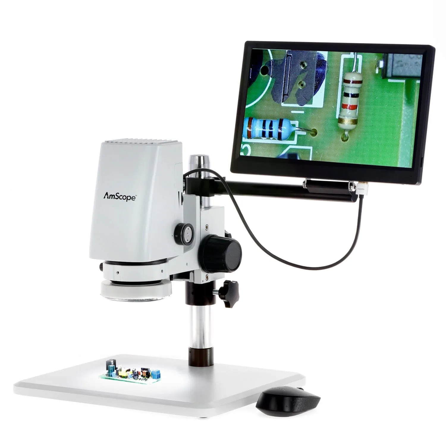 AmScope DM750 Series Zoom Tabletop Video Inspection Digital Microscope System 0.7X-5X Magnification on Pillar Stand with 11.6" Monitor