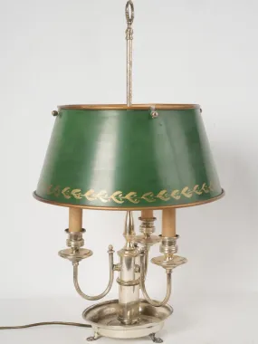 Antique French 3-arm Bouillotte lamp w/ green shade & silver-plate base