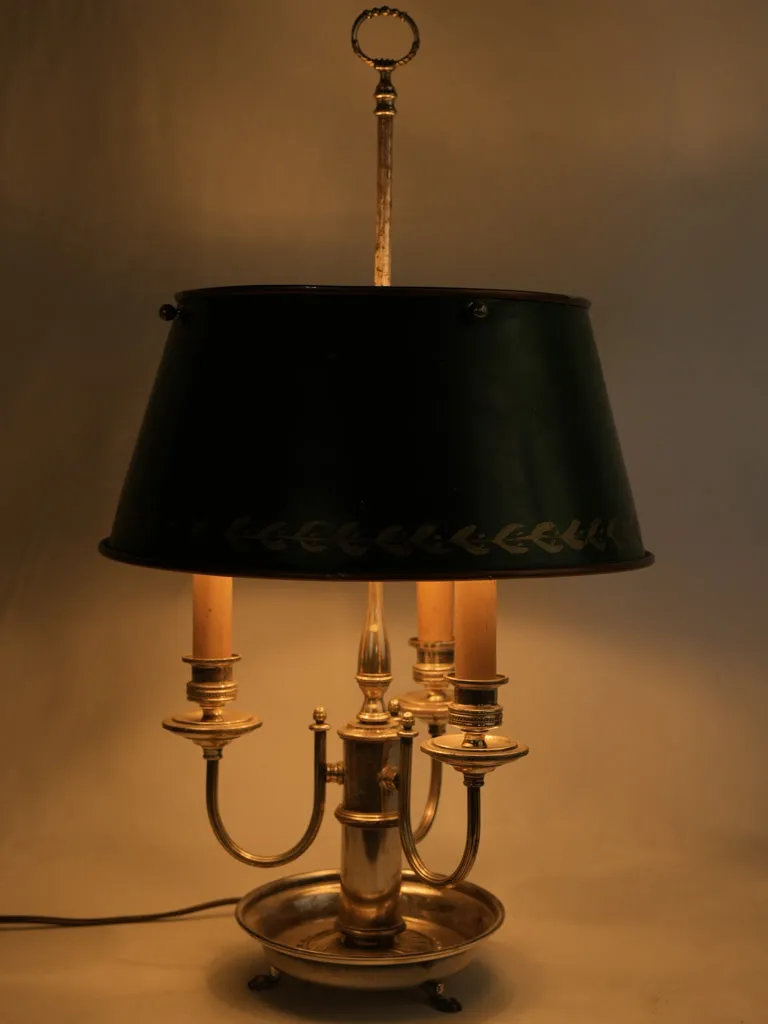 Antique French 3-arm Bouillotte lamp w/ green shade & silver-plate base