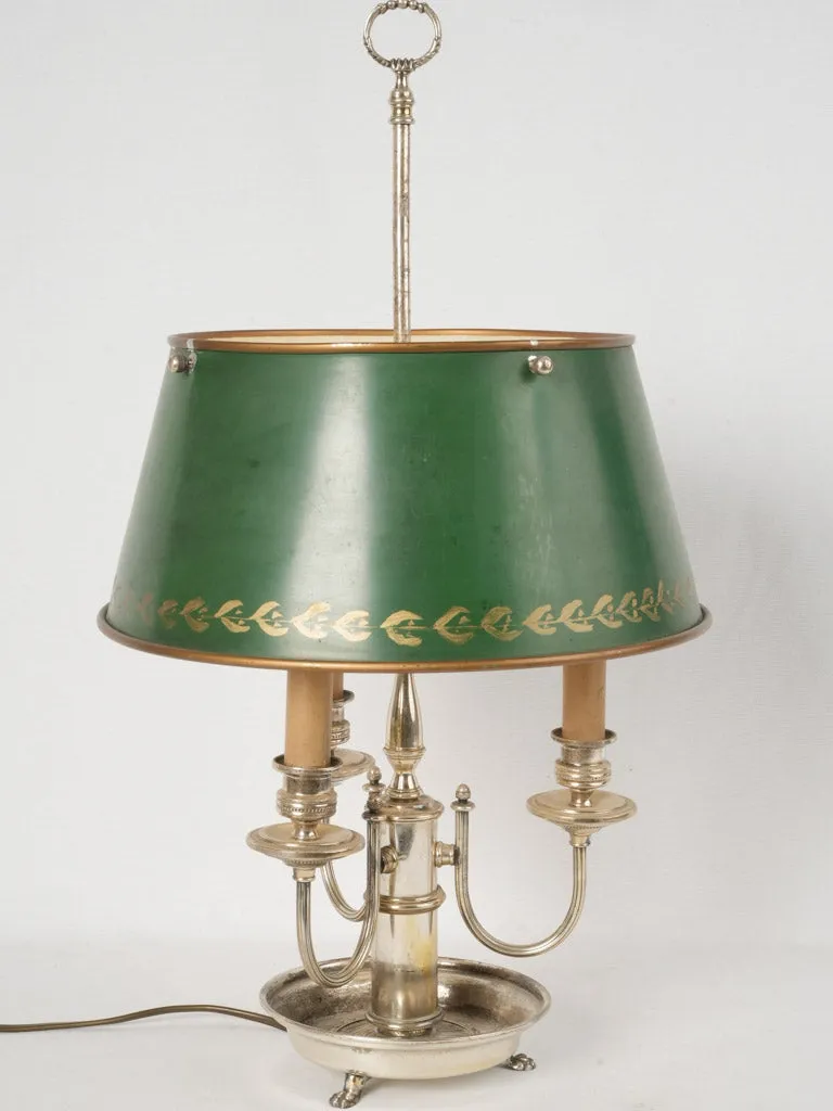 Antique French 3-arm Bouillotte lamp w/ green shade & silver-plate base