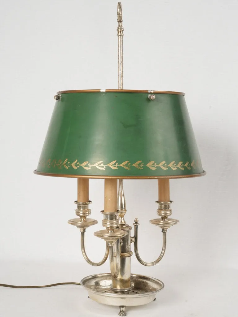 Antique French 3-arm Bouillotte lamp w/ green shade & silver-plate base