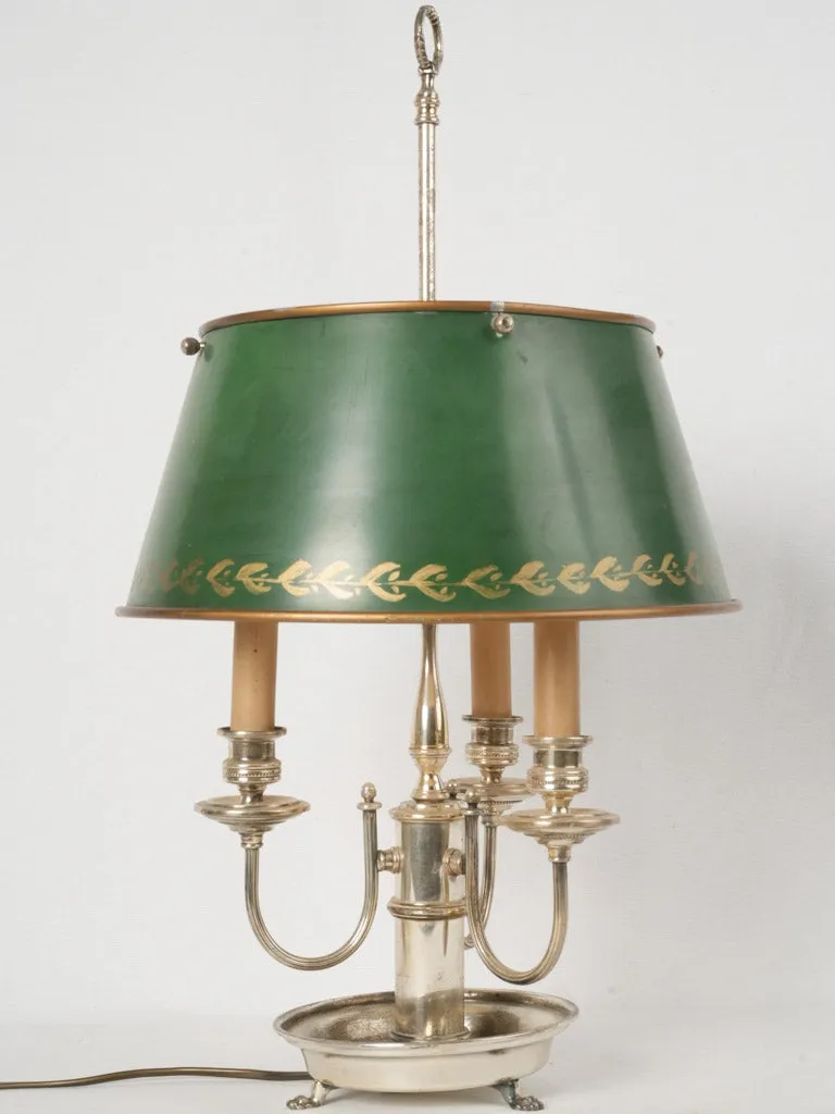 Antique French 3-arm Bouillotte lamp w/ green shade & silver-plate base