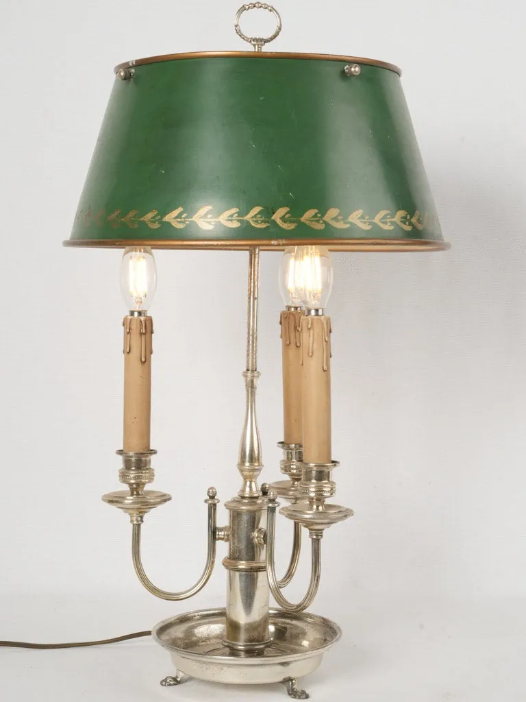 Antique French 3-arm Bouillotte lamp w/ green shade & silver-plate base