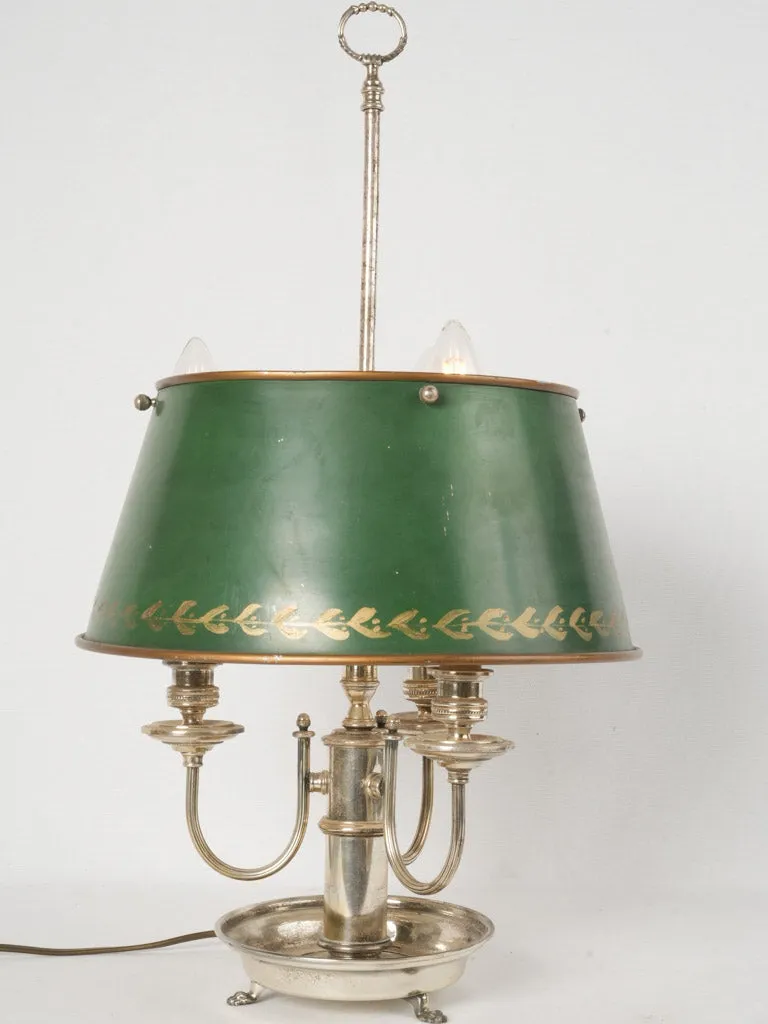 Antique French 3-arm Bouillotte lamp w/ green shade & silver-plate base