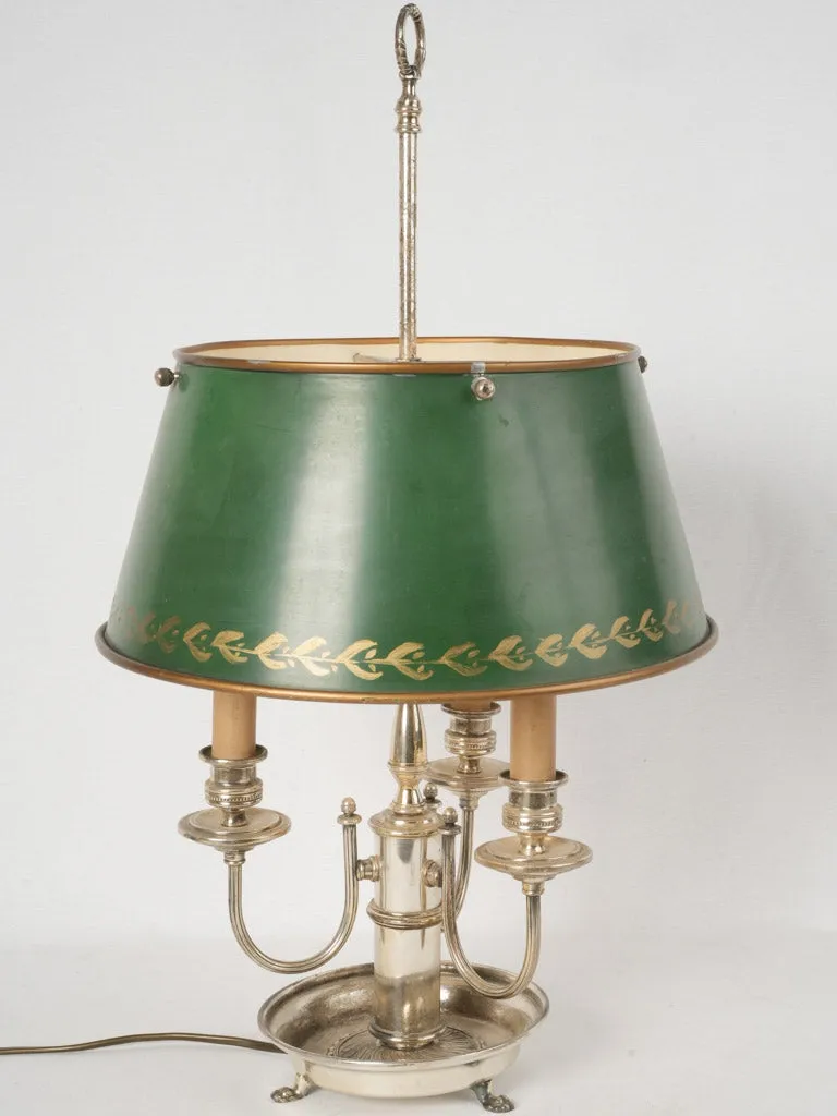 Antique French 3-arm Bouillotte lamp w/ green shade & silver-plate base