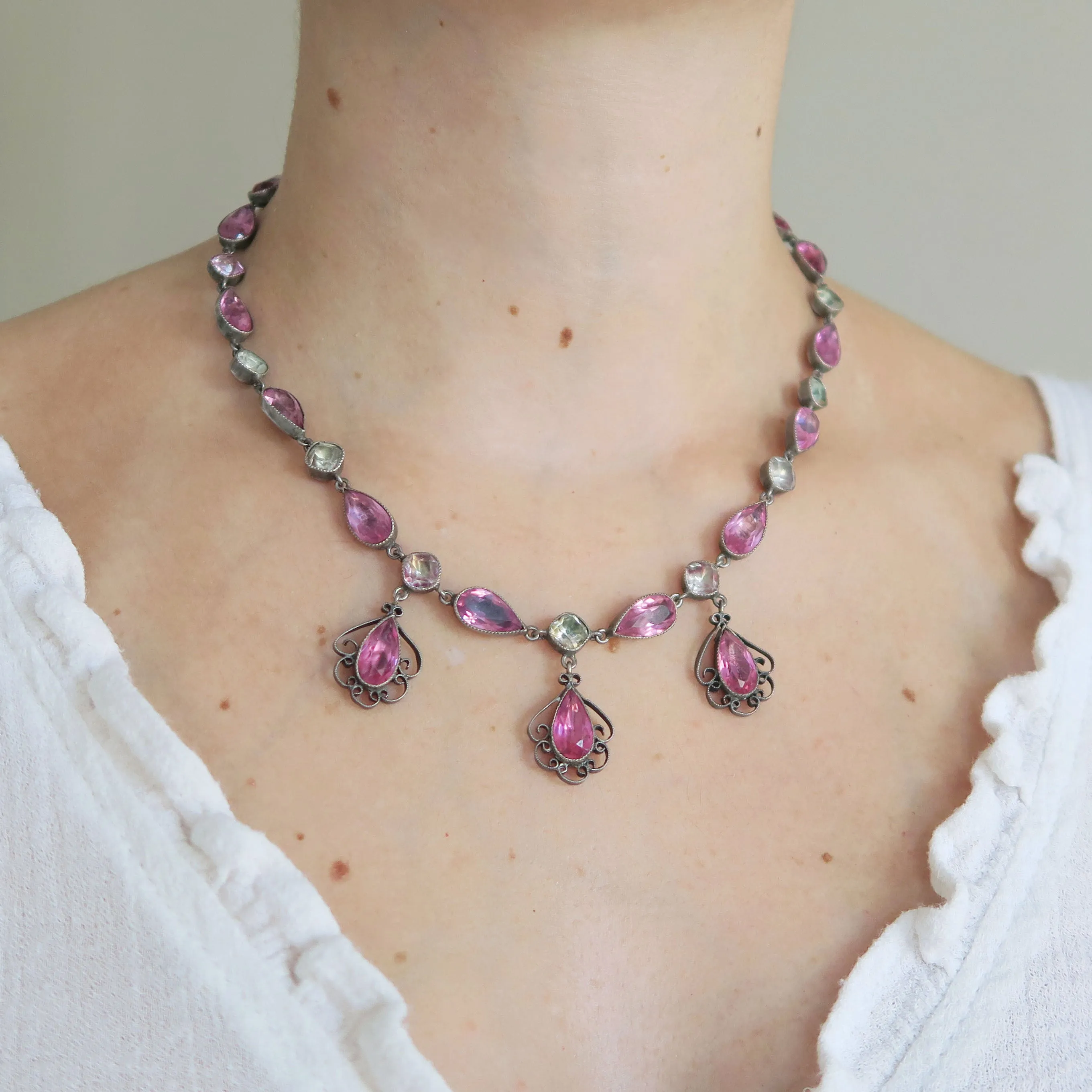 Antique French Victorian Silver Pink Paste Necklace