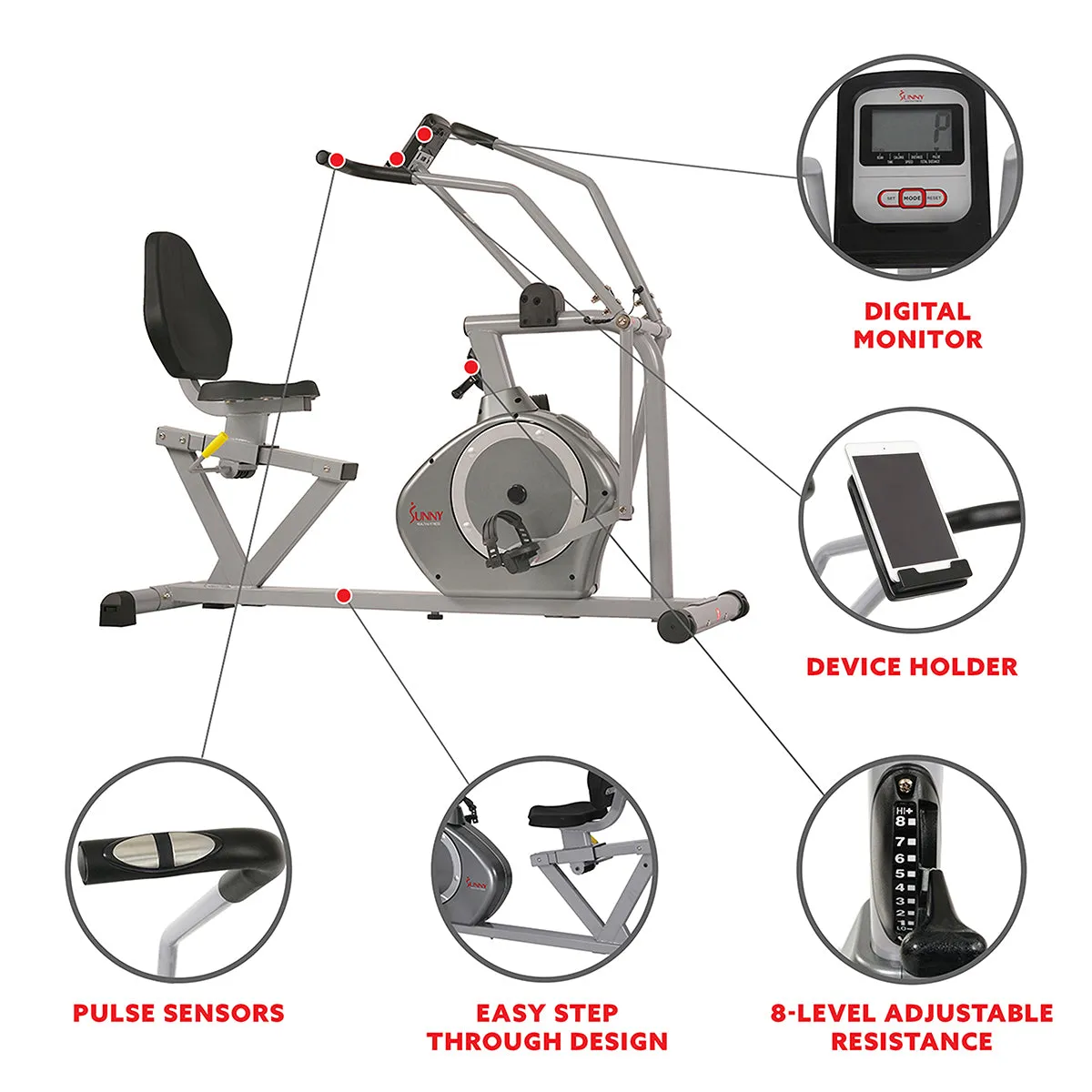 Arm Exerciser Magnetic Recumbent Bike Cross Trainer w/ High 350 LB Weight Capacity