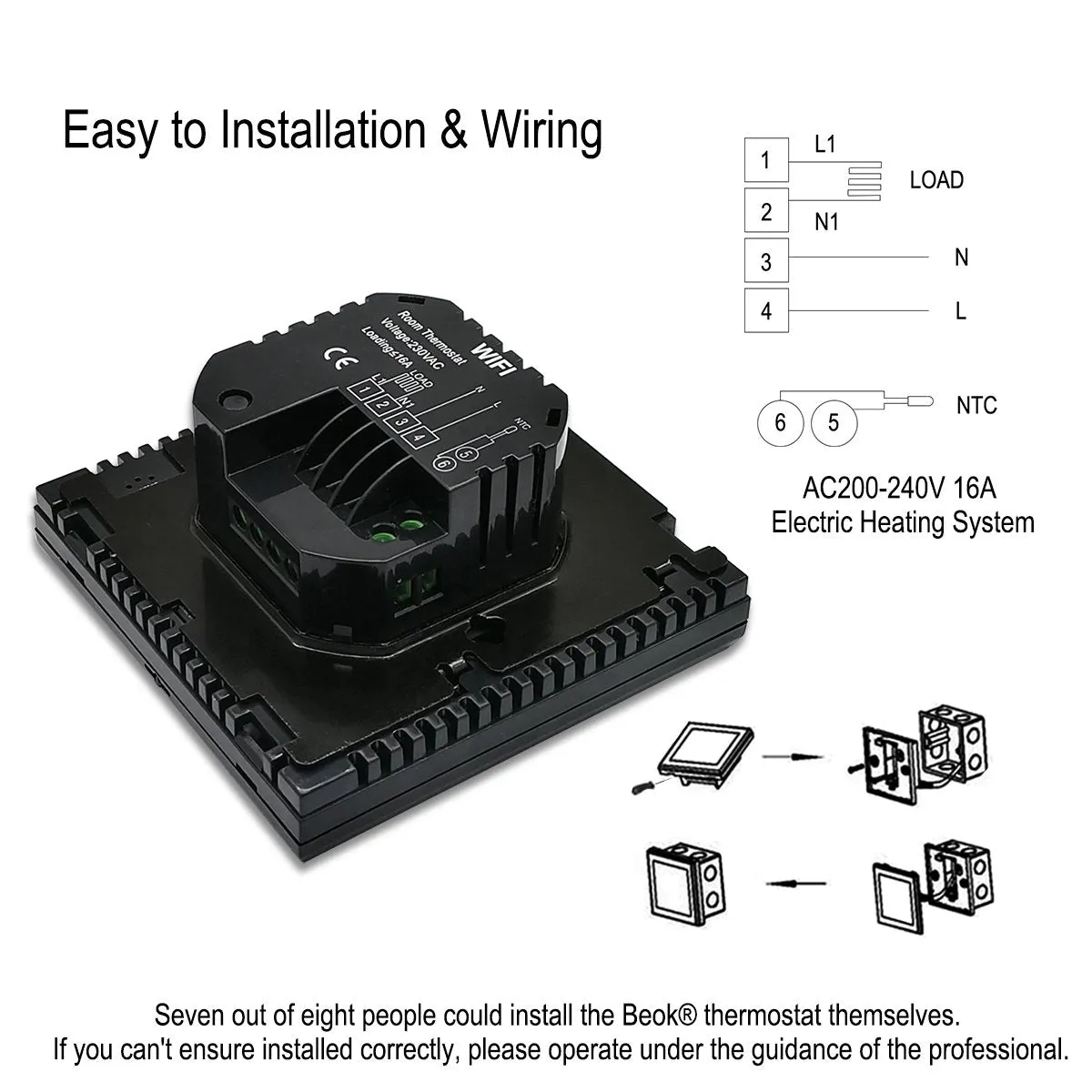 Beok TGT70WIFI-EP Programmable Underfloor Electric Heating Temperature Controller Glass Touch Screen Room Thermostat & Floor Sensor, Remote Online Control by Smartphone, AC230V 16A Black, Pack of 1