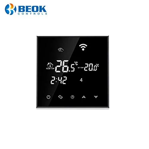 Beok TGT70WIFI-EP Programmable Underfloor Electric Heating Temperature Controller Glass Touch Screen Room Thermostat & Floor Sensor, Remote Online Control by Smartphone, AC230V 16A Black, Pack of 1