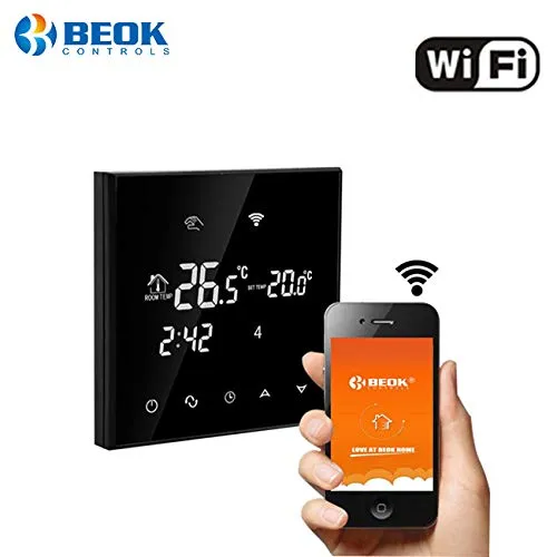 Beok TGT70WIFI-EP Programmable Underfloor Electric Heating Temperature Controller Glass Touch Screen Room Thermostat & Floor Sensor, Remote Online Control by Smartphone, AC230V 16A Black, Pack of 1