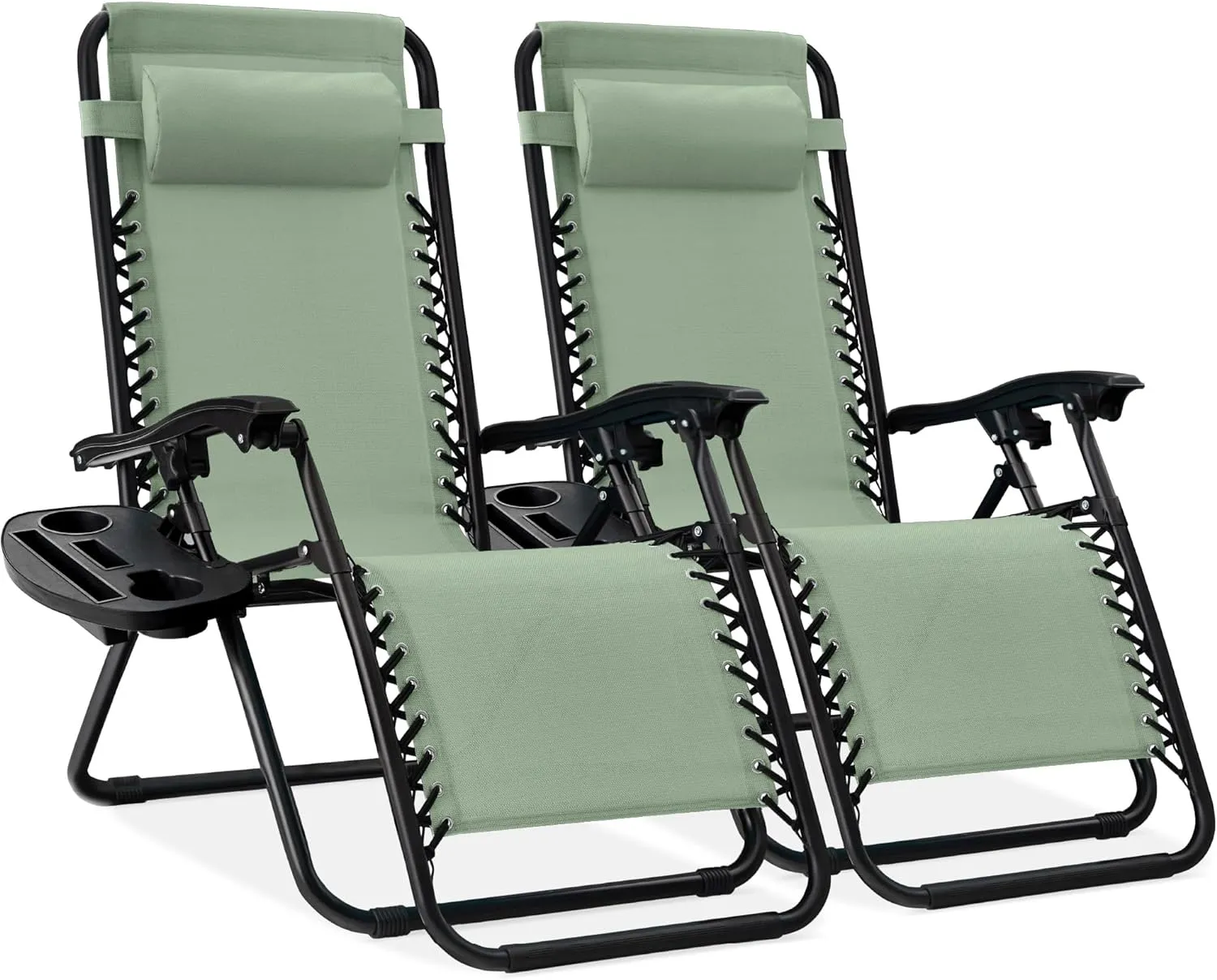 Best Choice Products Set of 2 Adjustable Steel Mesh Zero Gravity Lounge Chair Recliners w/Pillows and Cup Holder Trays - Gray Stripes