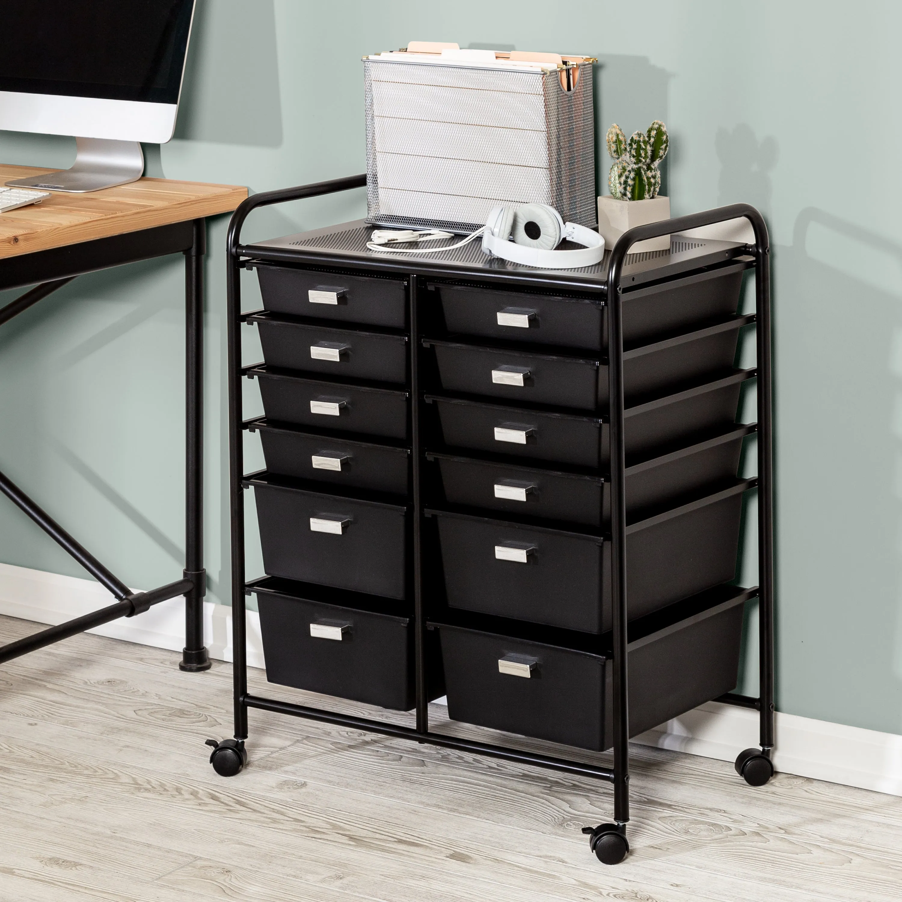 Black 12-Drawer Rolling Storage and Craft Cart Organizer