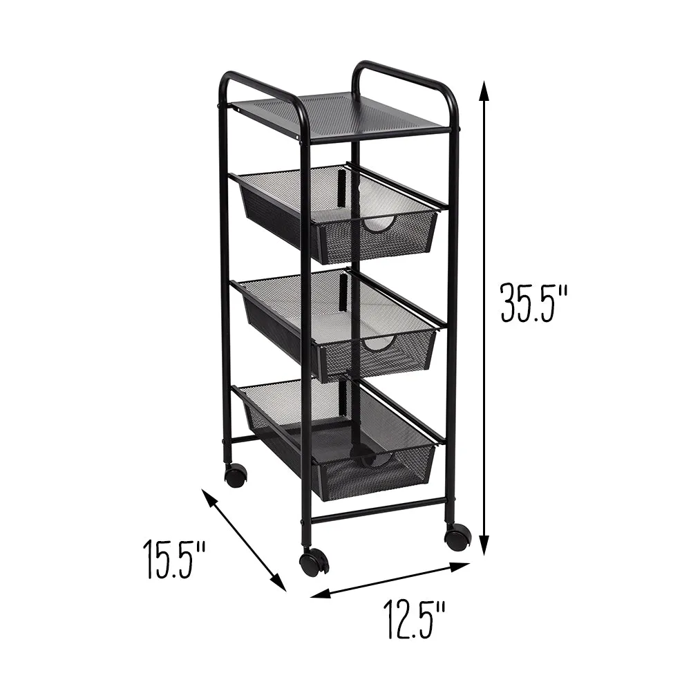 Black Metal Mesh 3-Drawer Storage Cart