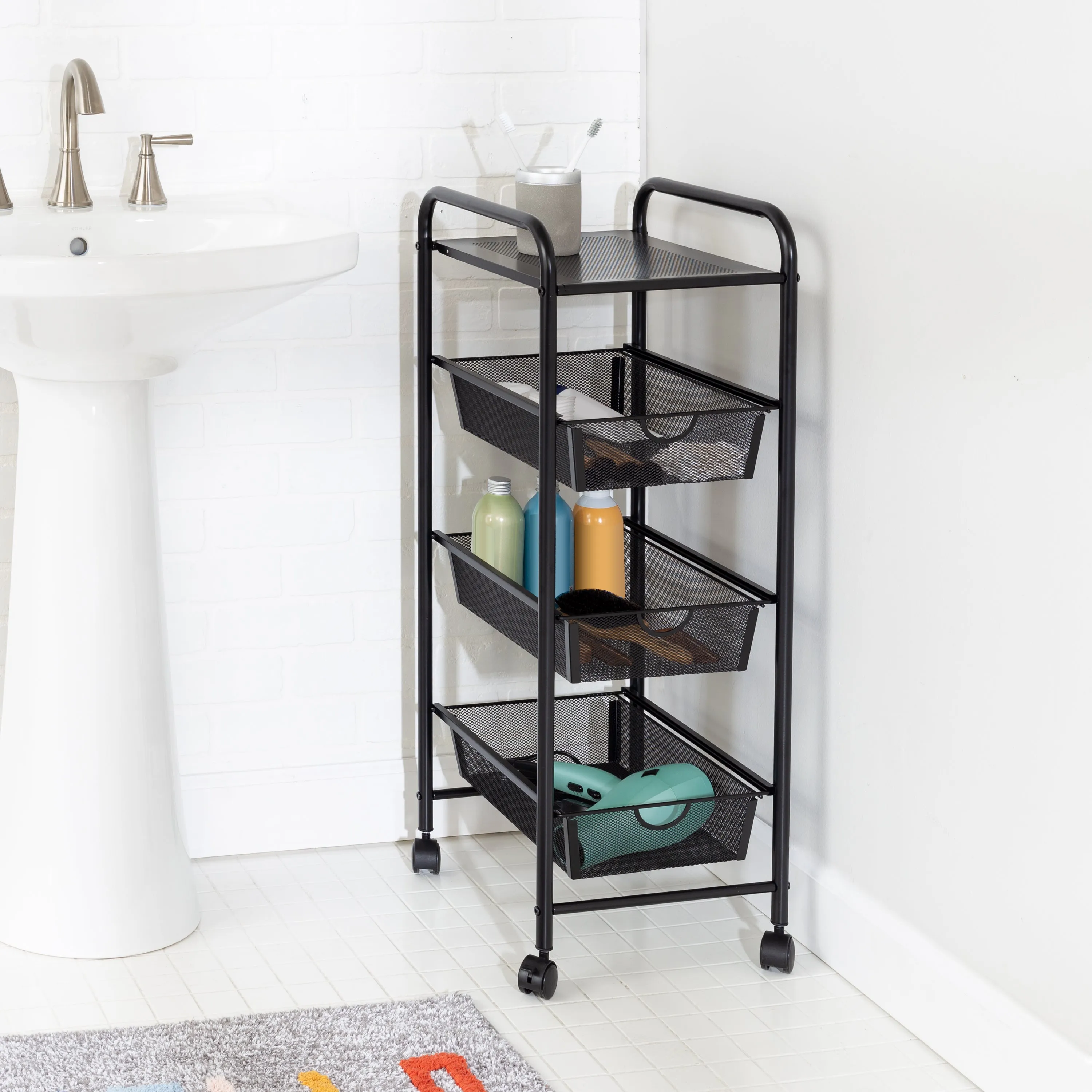 Black Metal Mesh 3-Drawer Storage Cart