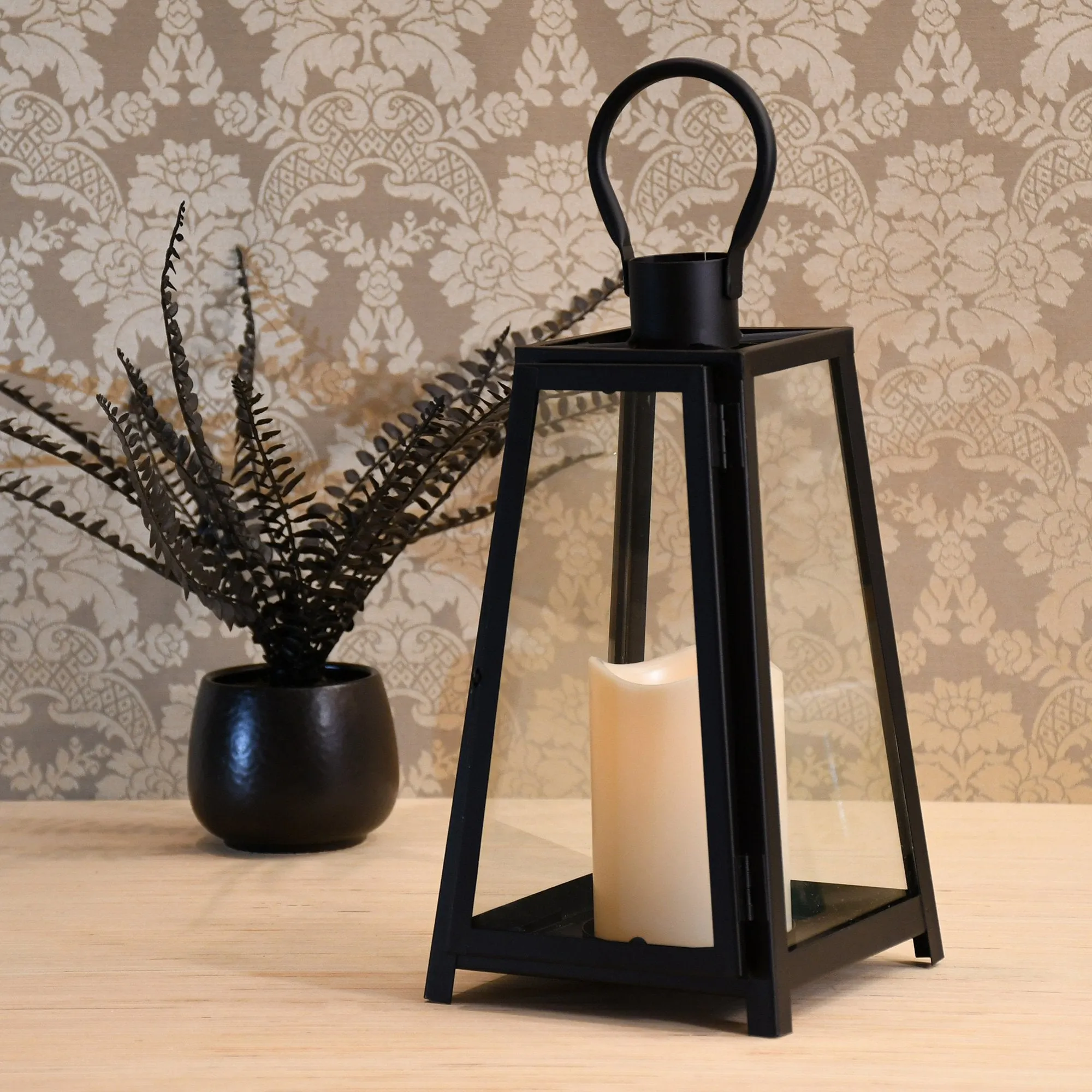 Black Tapered Metal Lantern with LED Candle