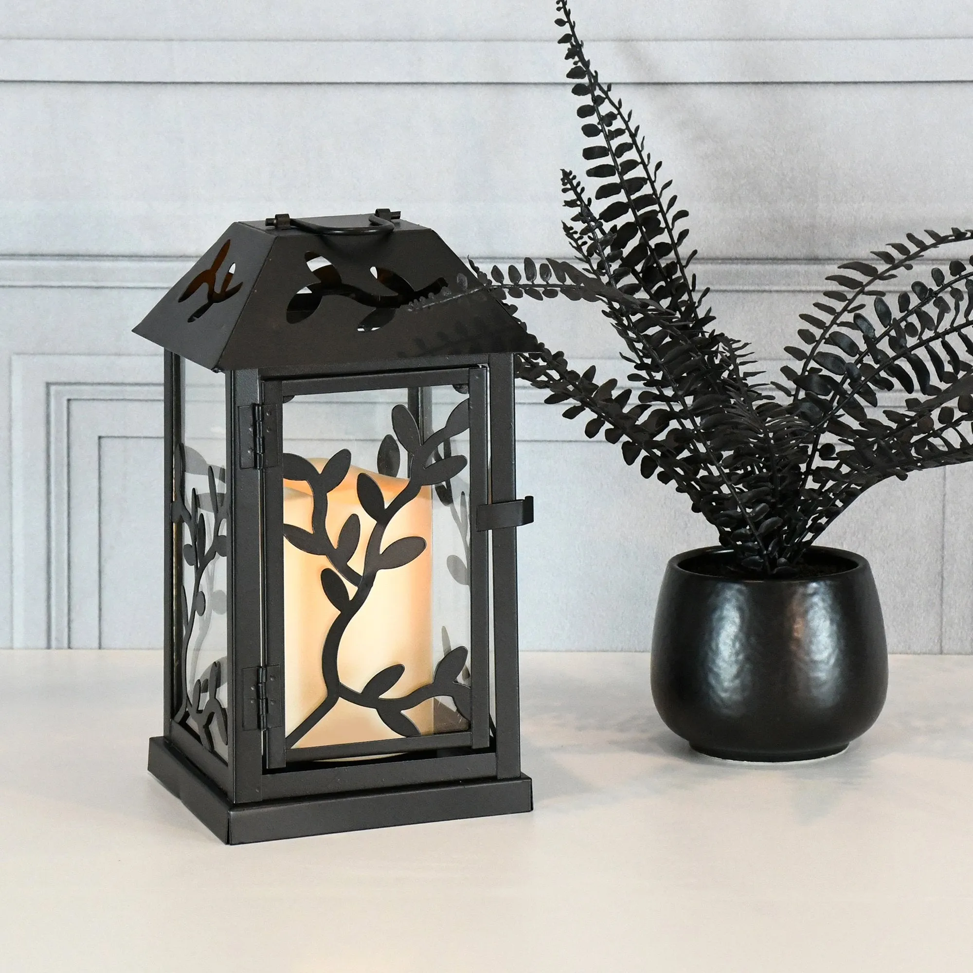 Black Vine Metal Lantern with LED Candle