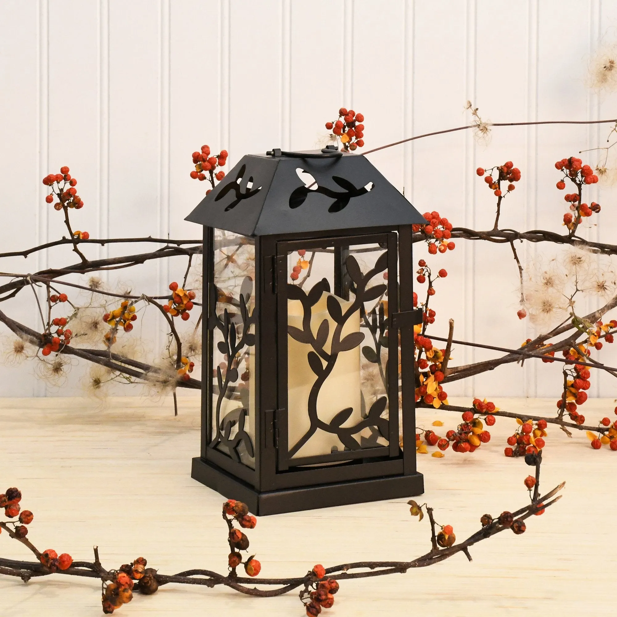 Black Vine Metal Lantern with LED Candle