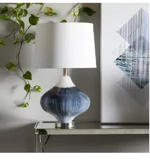 BLUE GLASS GOURD STYLE BASE TABLE LAMP WITH DRUM SHADE