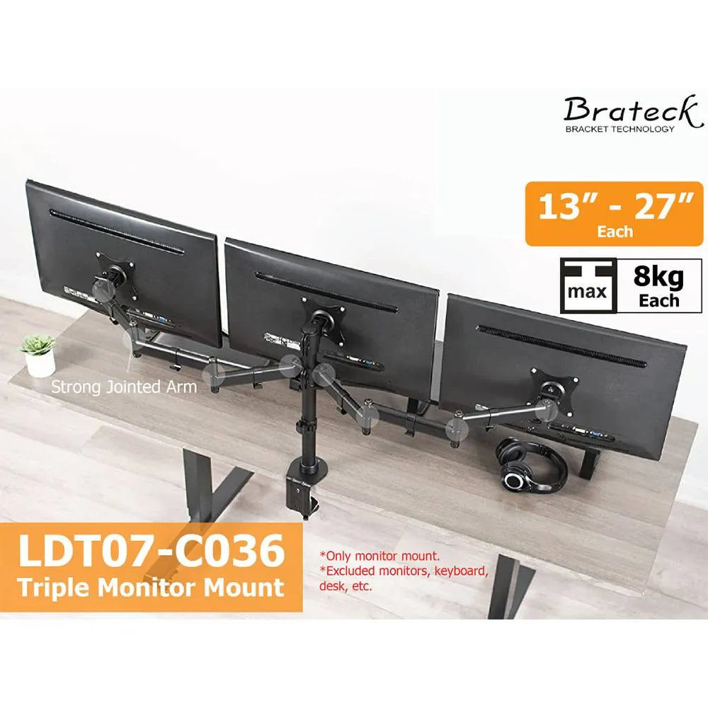 Brateck Bracket 13"-27" Triple Economical Monitor Aluminium Spring Arms Up To 8kg (LDT07-C036)