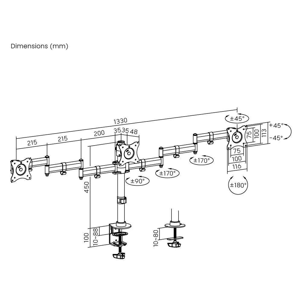 Brateck Bracket 13"-27" Triple Economical Monitor Aluminium Spring Arms Up To 8kg (LDT07-C036)