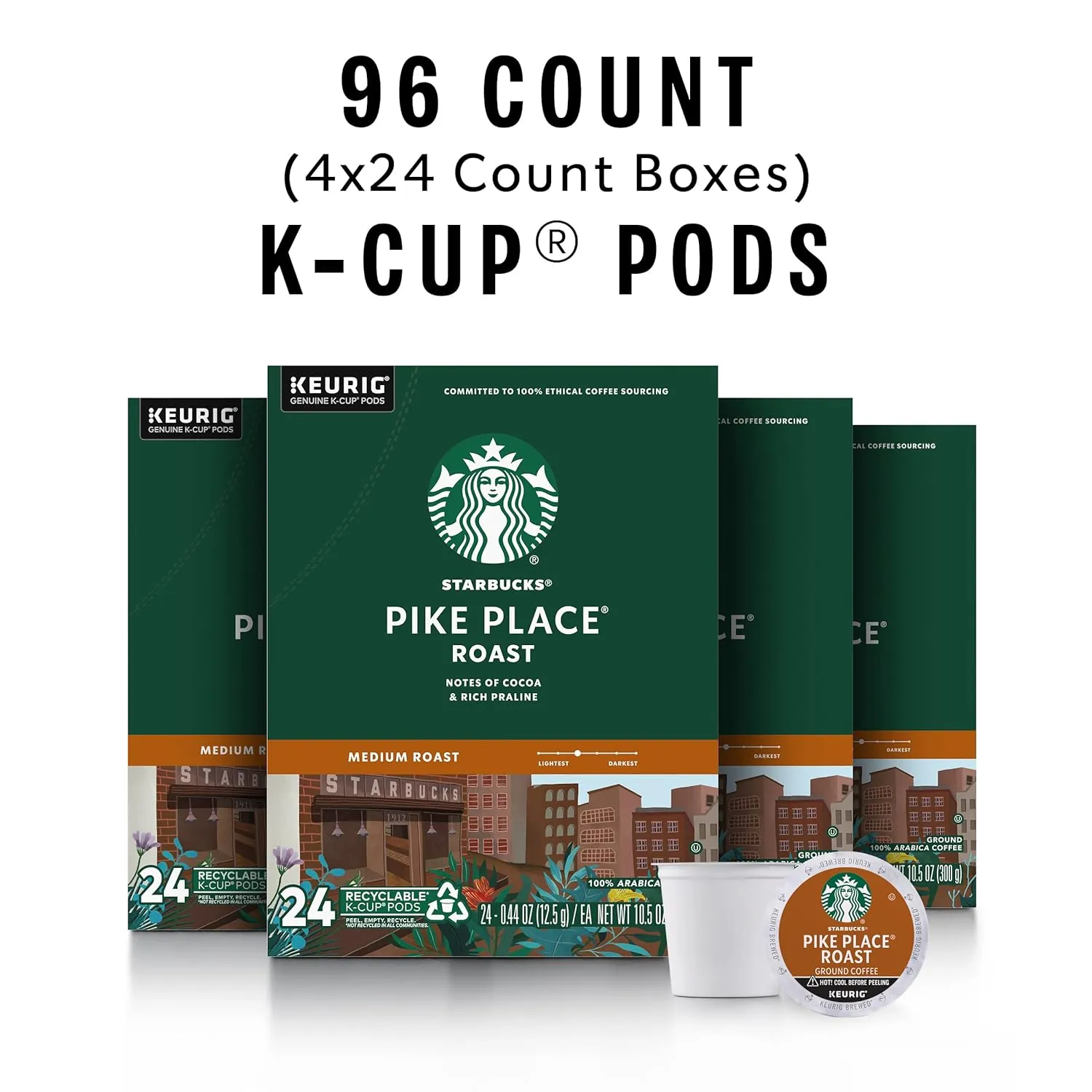 Coffee Pods, Medium Roast Coffee, Pike Place Roast for Keurig Brewers, 100% Arabica, 4 boxes, 96 Pods Total