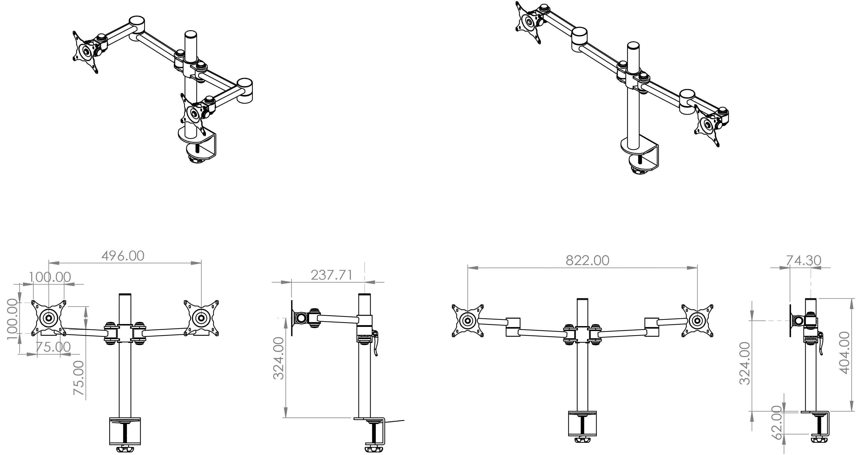 Dual Monitor Heavy Duty Aluminum Desk Stand, Fully Adjustable, Fit Screen up to 32 inch, 33 lbs on Each Arm, VESA 75 and 100mm, Silver (RPCH2S)