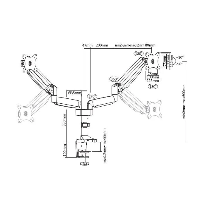 Dual Monitor Height Adjustable Gas Spring Desk Mount Stand Fits 10"-29" LCD LED Monitors ! Aluminium material Heavy duty (MODEL :2MS-GLP)