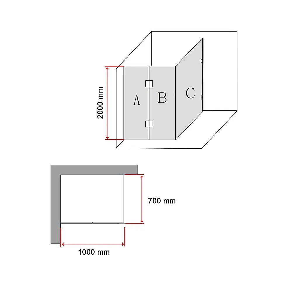 Frameless Glass Shower Screen 1000x700mm, Black Hardware