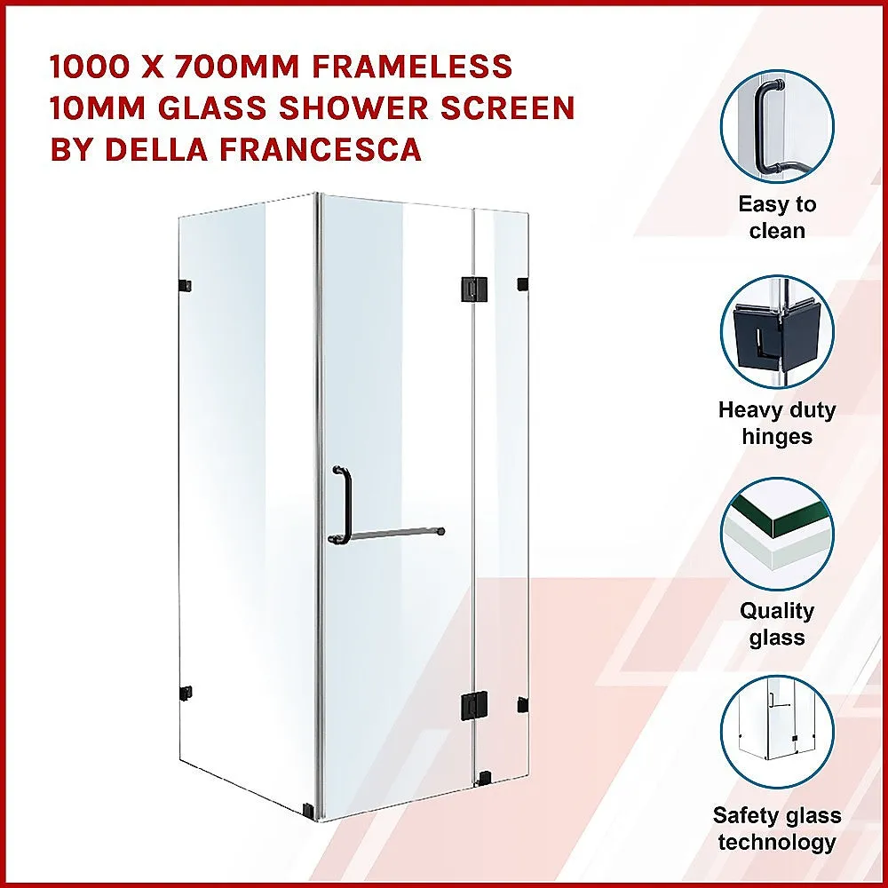 Frameless Glass Shower Screen 1000x700mm, Black Hardware