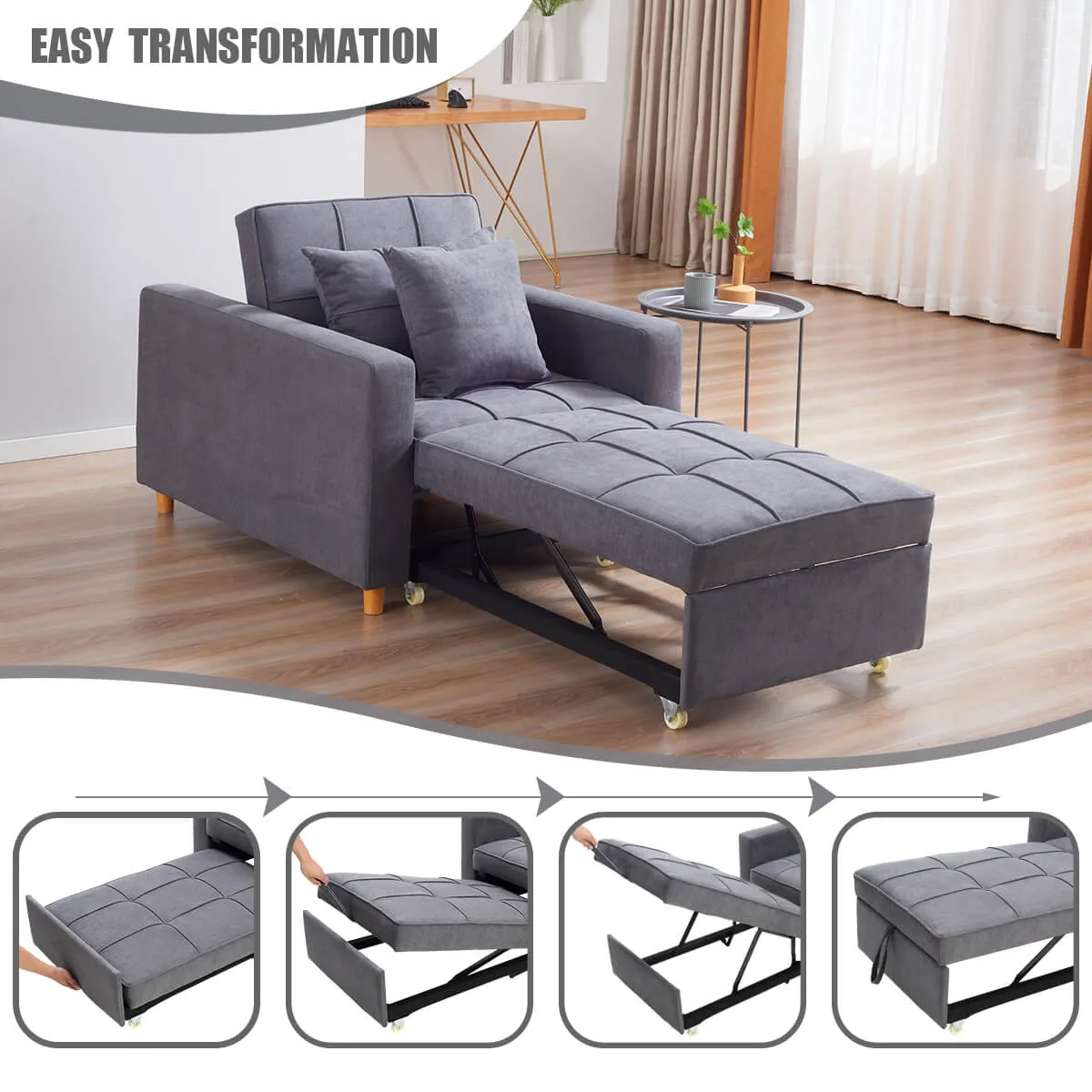 Homrest Set of 2 Sofa Bed 3-in-1 Convertible Chair Multi-Functional Adjustable Recliner, Sofa, Bed(Grey)