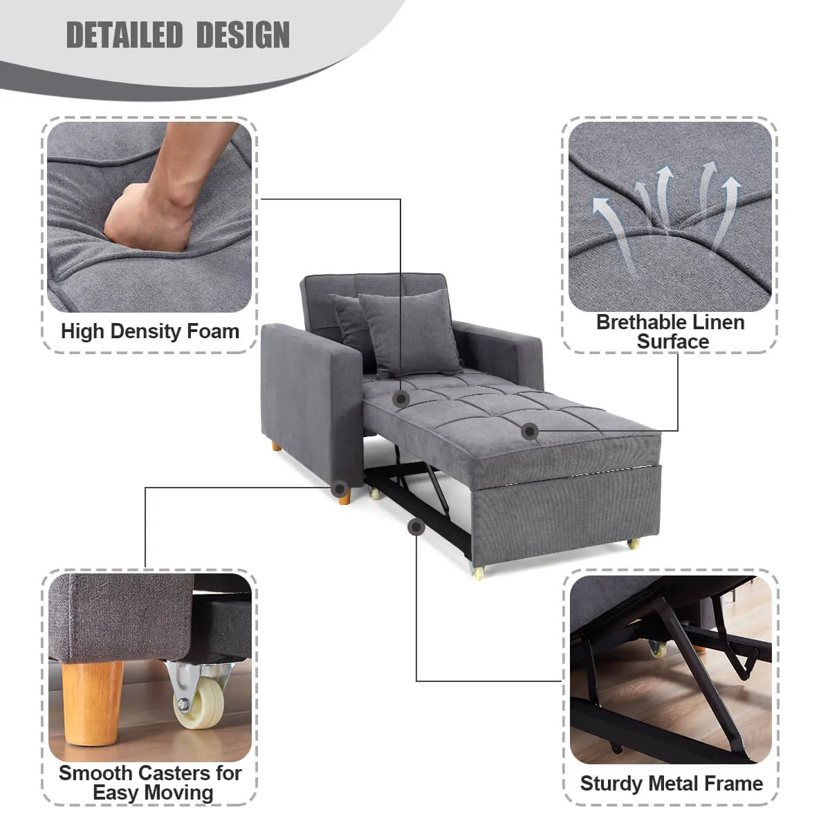 Homrest Sofa Bed 3-in-1 Convertible Chair Multi-Functional Sofa Bed Adjustable Recliner(Grey)