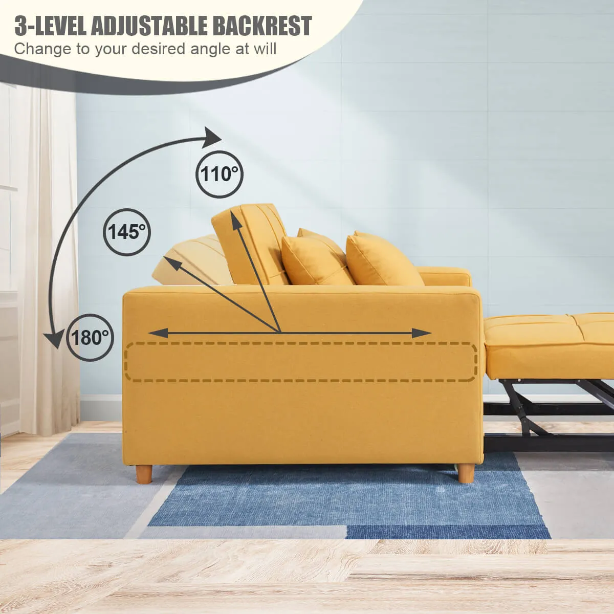 Homrest Sofa Bed 3-in-1 Convertible Chair Multi-Functional Sofa Bed Adjustable Recliner(Yellow)